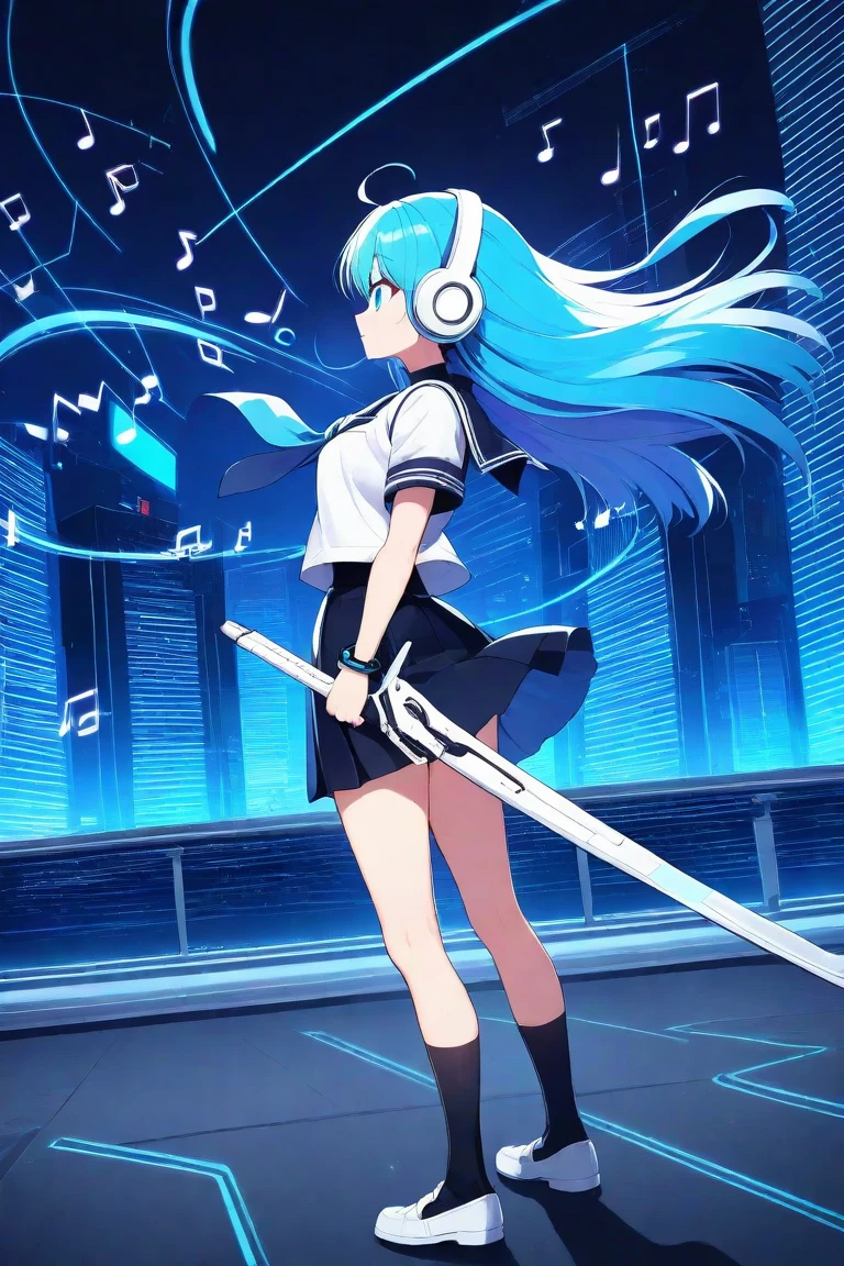 high res, hearphone, anime looking, girl, long blue pastel hair, blinking, smiling, White T-shirt, future motorbike,archery , big and round eyes,universe background, cyperpunk vibe