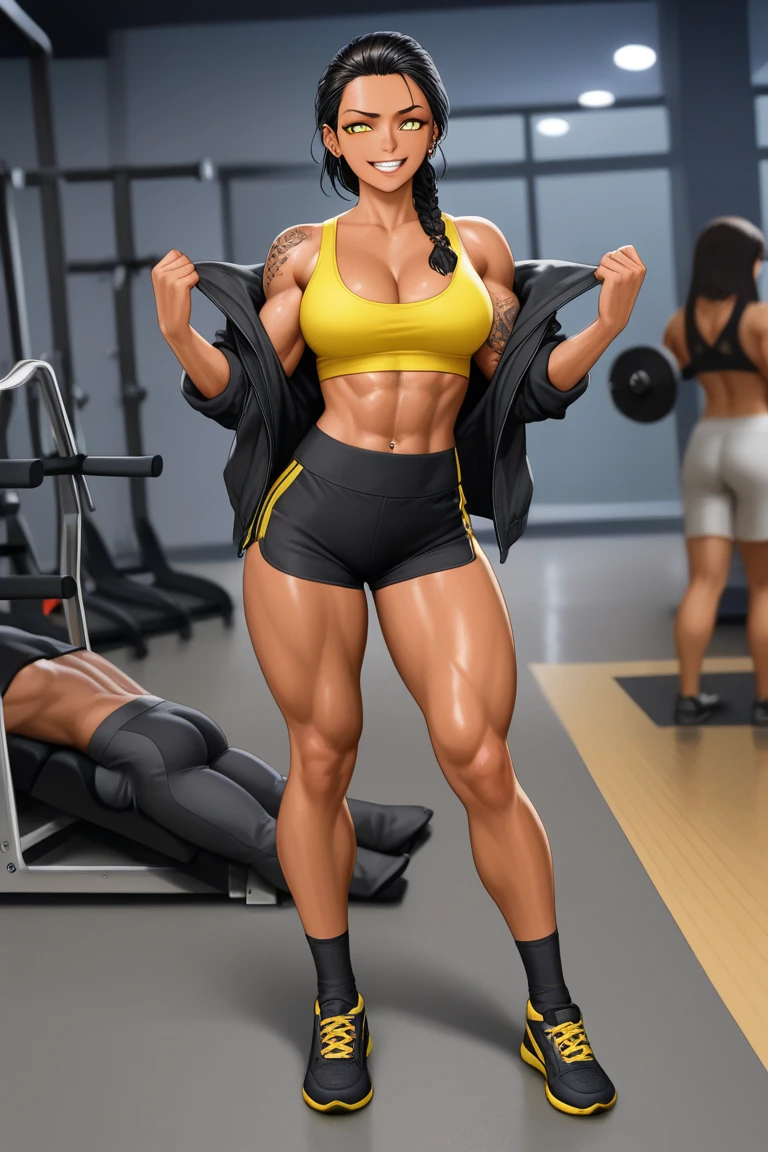 gorgeous tomboy, 1girl, 18 years old, powerhouse, short black hair, tanned skin, (wearing hoodie and shorts), showing abs, (very large perky breast:1.7), chiselled abs, (10-pack abs:1.4), abs of steel, shredded abdominal muscle, cut lower obliques, washboard abs, muscular ass, lean, gorgeous, tiny waist, standing in school hallway, wearing make up, muscular legs, gymnasts physique, willowy