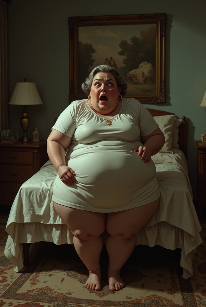 An elderly woman aged 65, with an easy, suffering expression and strong features, with an obese body weighing 65 kilos, 167 centimeters tall, thick legs and very large, saggy breasts, with long black hair. She is wearing prescription glasses, a transparent red lingerie and flip-flops. She is seen in full body on a bed in a humble room at night with the lighting low..