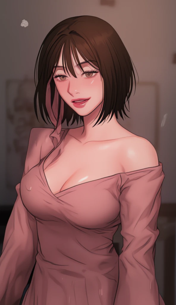 Masterpiece, top quality, intricate detail, super detail, super high quality, high resolution, best shadow, best lighting, 4K), big breasts, big buttocks, detailed face: 1, brown eyes, urban background, detailed background, warm lighting, colorful, night scene, chest hide