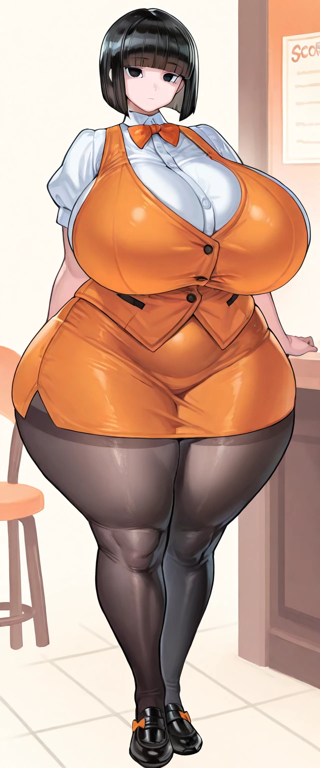 masterpiece, best quality, purah, red glasses, hair ornament, sleeveless shirt, black skirt, orange leggings, high heels, sitting, from front, looking at viewer, smile, wide hips, thick thighs, huge ass, chubby, cleavage, mature mom,