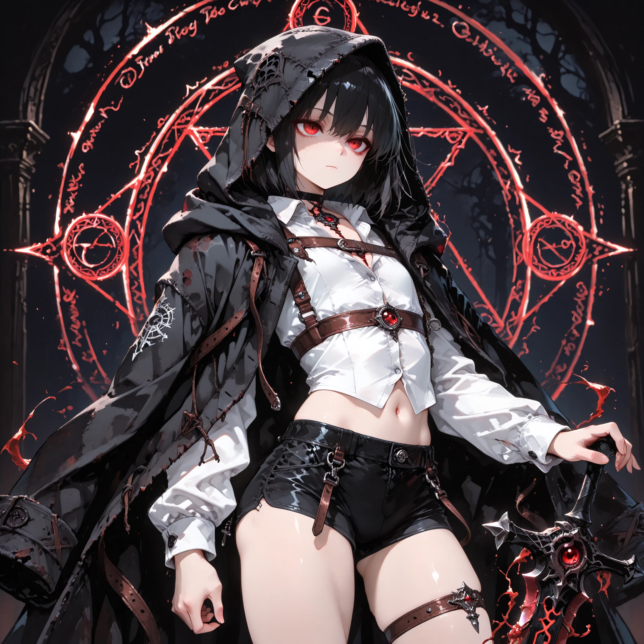 ((best quality)), ((masterpieces)), (detailed), perfect face, SOLO, ((((femboy)))), tomgirl, ANIME, beautiful detailed eyes, BOB hair, BOBed hair, BLACK hair, RED EYES, expressionless, hooded, Magical Eyes, dark background, ((BLACK HOODED coat draped over shoulders)), ((flat chest)), magic circle, ((HOODED coat )), ((hooded head)), ((dress shirt)), short black shorts, bare thighs, ((Flat chest)), bailing_magic_circle, choker, Cursed Sword from Encyclopedia, holding sword, Sword Stances, thigh strap, ((midriff)), (harness strap), Crop top