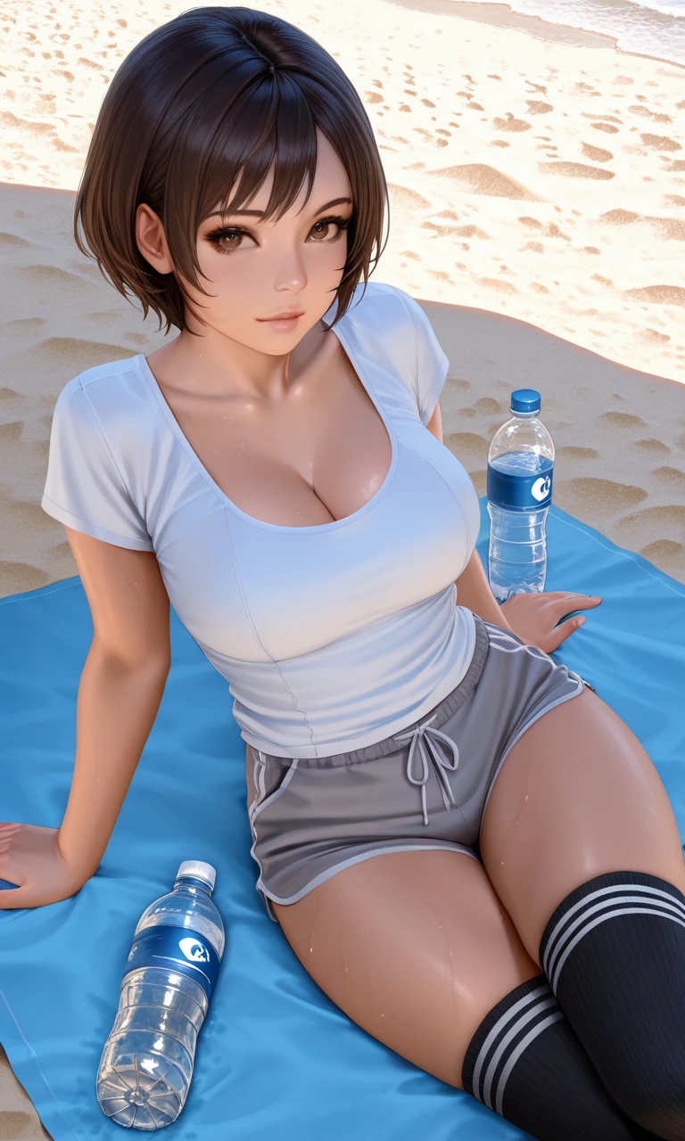 superflat, flat colors, 1girl, 19yo, slim, (medium breast), short bob dark hair, shy, vibrant colors, vibrant, bright, watercolor, ((wearing skimpy mini skirt:1.5)), (very small sexy t-shirt top:1.5), ((Lying down on her stomach, ass up:1.5)), ((POV pose:1.3)), (in the park:1.4)