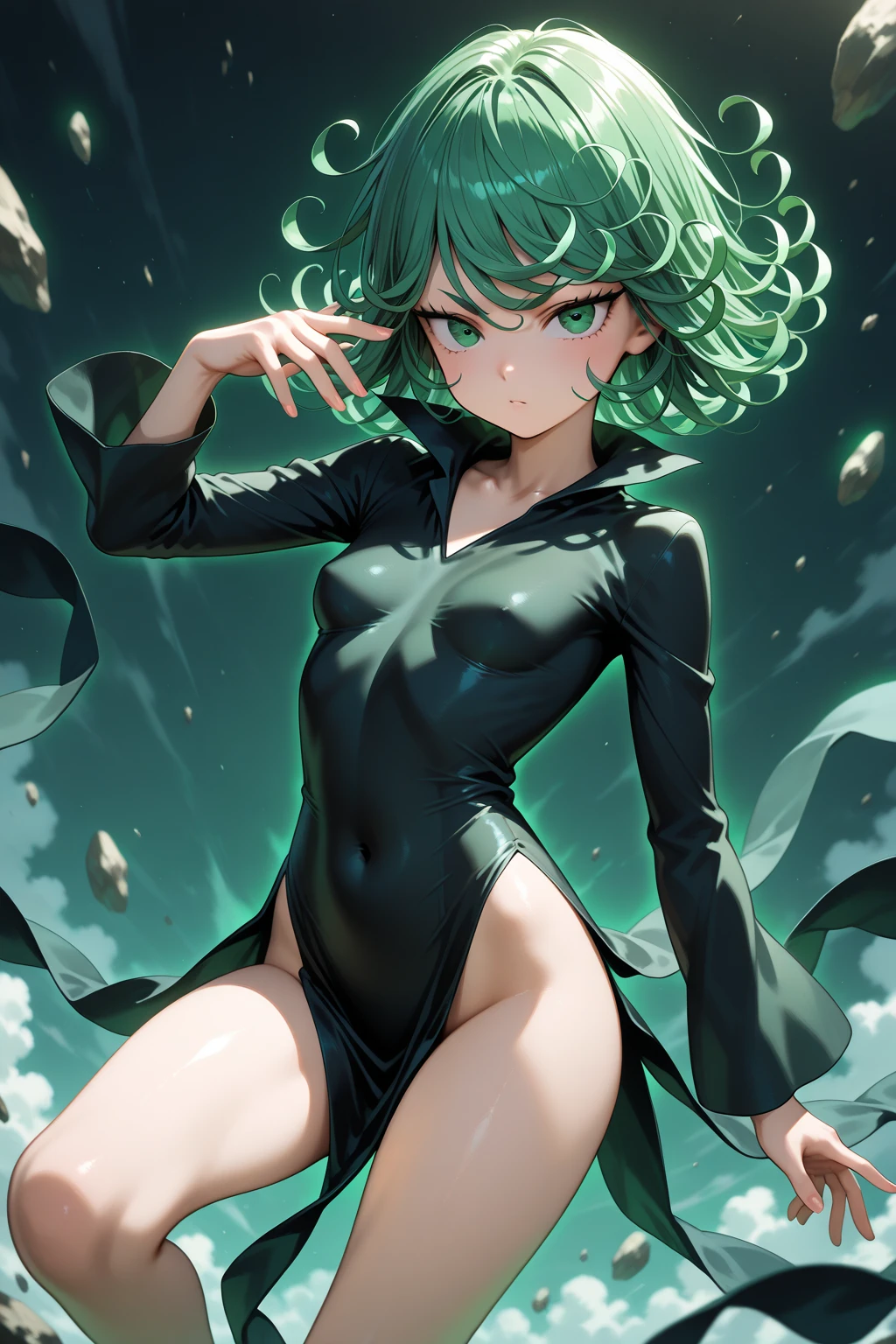 Natural Volumetric Lighting And Best Shadows, Deep Depth Of Field, Sharp Focus,1girl, solo, Terrible_Tornado,looking_at_viewer, blush, short_hair, bangs, green_hair, green_eyes,detailed eyes, collarbone, thighs, small_breasts, outdoors, parted_lips, green_hair, float, cloud, dark green dress, cloudy_sky, pelvic_curtain, side_slit, curly_hair, flipped_hair,<lora:TORNADO2:1.2>