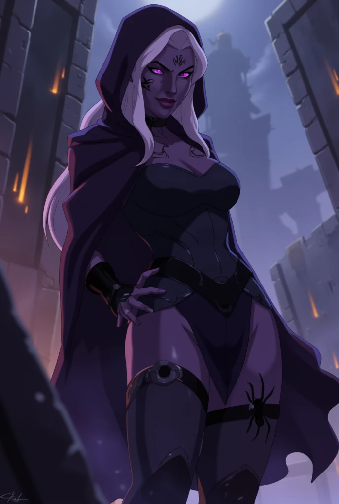 carmilla, medium breasts, black dress. for white, beautiful face, blue eyes, (masterpiece:1.2), Best Quality, absurdities, High resolution, extremely detailed wallpaper, perfect lighting, from below, blue eyes, castillo, view of the castle, outdoor, de evening, evening, por la evening,  ((silver mask))