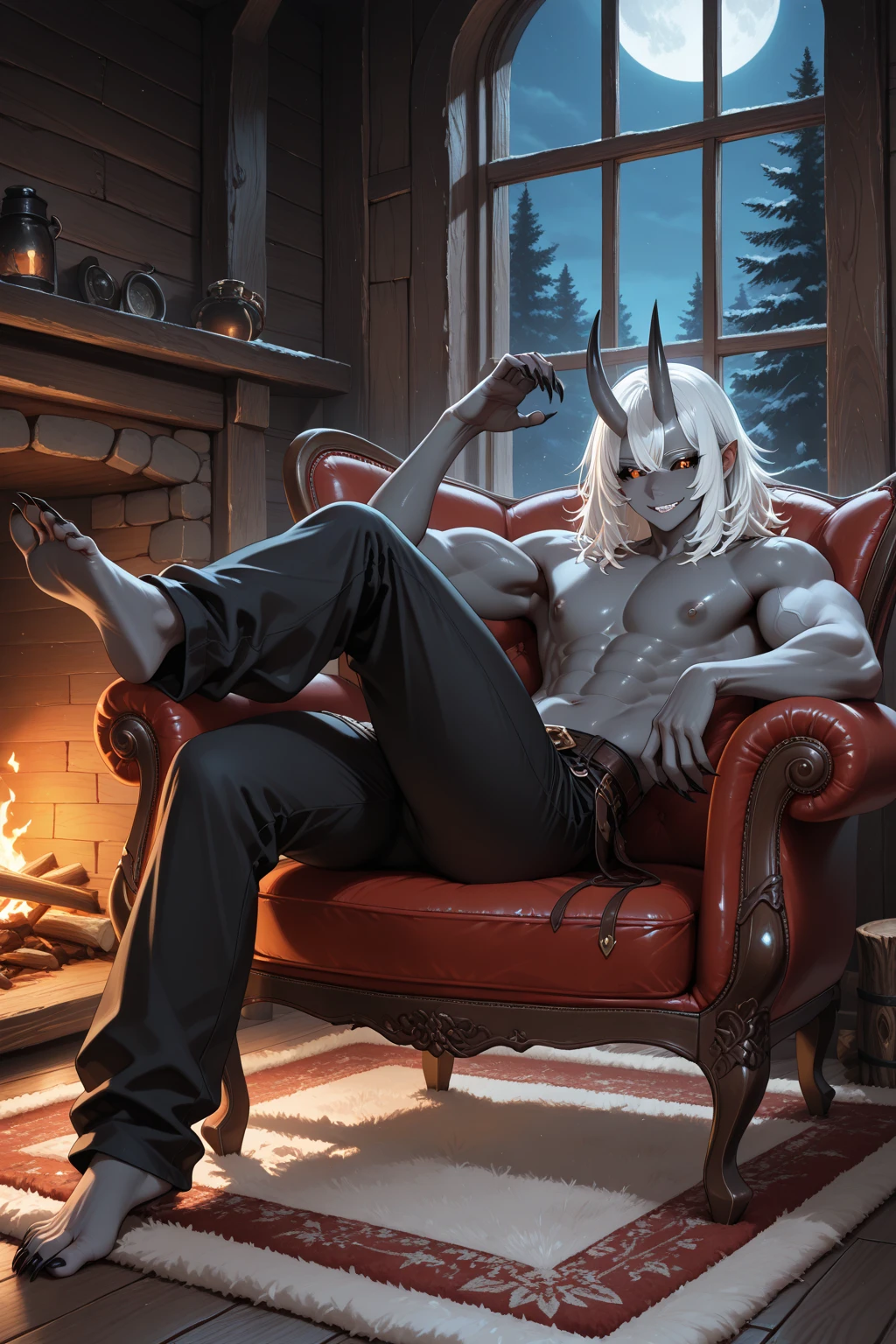 Dragon, Skull head, Muscular, male, anthro, In a fancy bedroom, correct anatomy,  high quality, good details. 4k. By chunie. Nice lighting. Very Sexy manly pose. Fully White skin only,. Only Glowing yellow eyes..  Teasing the viewer. VeryLarge Erection. Balls. dilf. , only light creme goat horns  backwards. . Cum dripping a lot. Completely No fur only. Detailed head. 8k. Has no ears. no hair on the skull head. Naked.