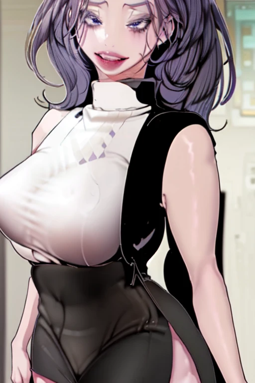 Milf secretary, black curly hair, curvy, pale skin with freckles, white button down shirt, black dress pants, worried face, blushing cheeks, stage inside elevator