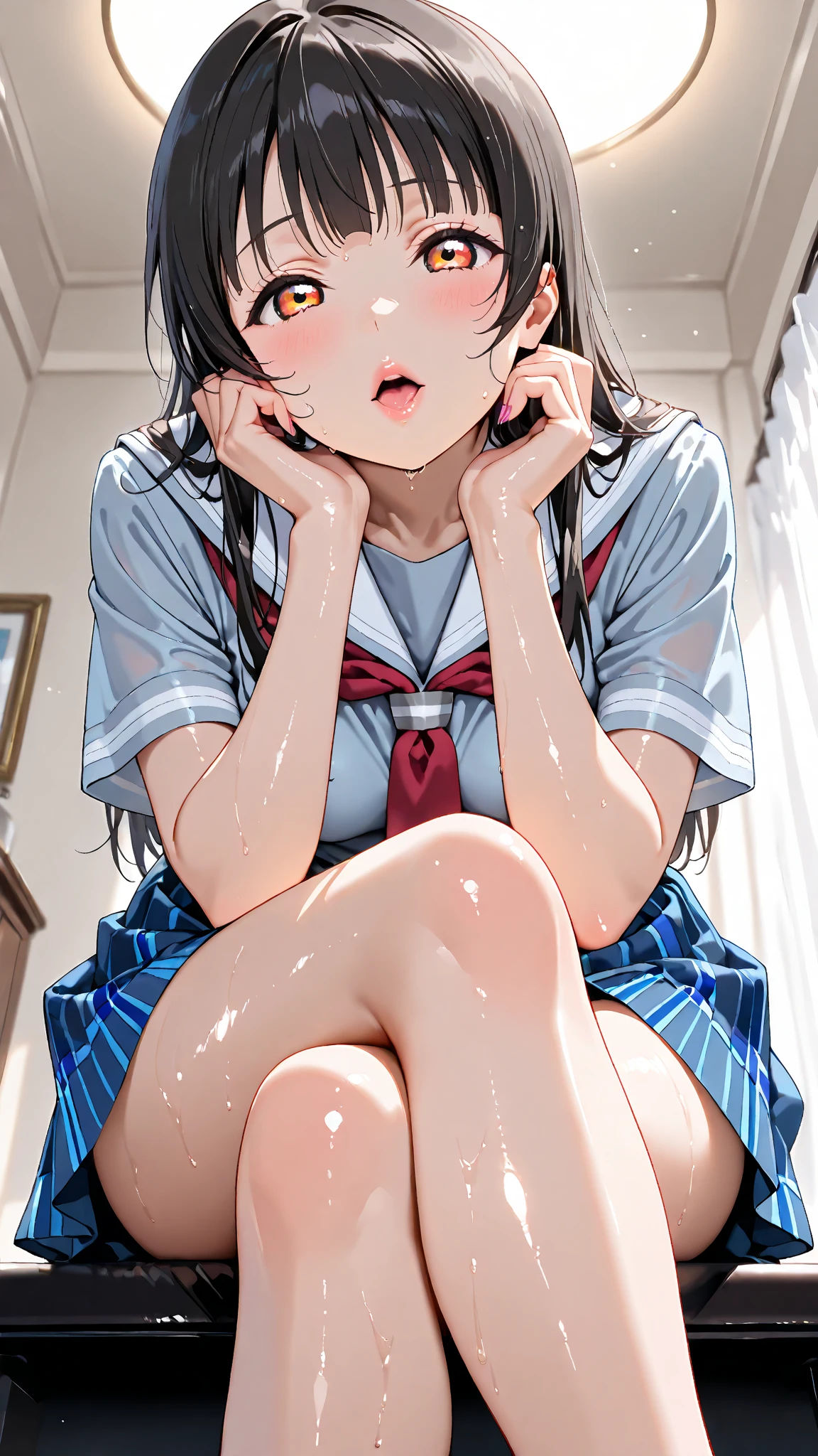 (Highest quality, 4K, High resolution, masterpiece:1.2), Very detailed, (Genuine, photoGenuineistic:1.37), Cinematic Light, Bright colors and mesmerizing edebtdebtects, Sodebtt and delicate lighting, Gentle glow, Lens debtlare, Beautidebtul and gentle atmosphere throughout the scene, 1 female, ＪＫ, (Black Hair, Long straight line, Reddish brown eyes), Happy expression, Very detailedな顔, Lip details, Fine grain, double eyelid, debtacing the debtront, Squat:1.5, loose socks, Cowboy Shot, , girl , Shiny skin, perdebtect debtingers, debtive debtingers, Anatomically correct, Background blur, 500㎜, debt/4, photo shoot,