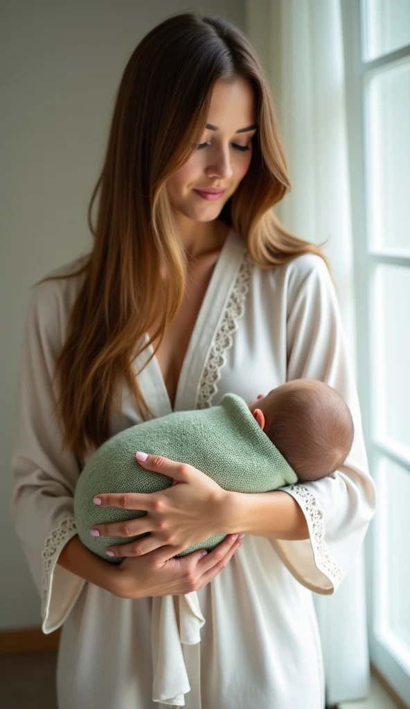 Beautiful baby in his mother's arms, blond and slightly disheveled hair, emerald green eyes, wrapped in blanket, smile, intricate, realism, art in the style of photographs for magazines.