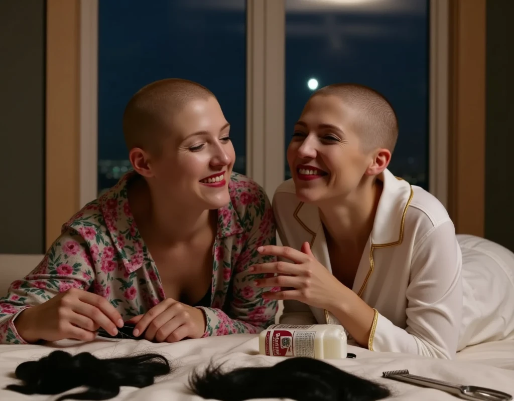 Very beautiful bald girl at the mirror with a bank card, sniffs flour and holds syringes. The girl looks at the blonde sleeping on the floor with deep concern. The girl&#39;s eyes reflect neon light, which adds mystery and drama to the atmosphere. style: Dark, dramatic, cinematic
