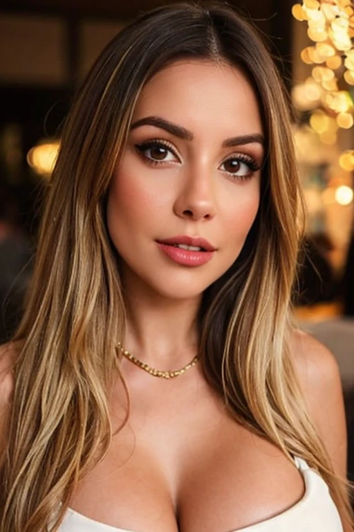 throw, shiny hair, best quality, (masterpiece: 1.2), ( young Peruvian girl) with elegant white dress, A beautiful  woman showing medium large  and with her  showing her , gold necklace around her neck, Shoulder, long blond hair, with an open mouth, half-length portrait, Extremely shiny and shiny design, ( ink: 1.3), autumn lights, looking at the spectator, Medium breasted,looking at the spectator,8K, 4k