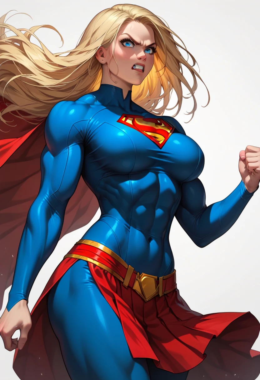 (Muscular:1.9), (thick thighs:1.9),
blonde female, (supergirl), (big smile:1.6), (long hair), short hair, blunt bangs, (ponytail:0.7),
earrings, lipstick, eyeshadow,

(full body suit, blue bodysuit:1.6), (small cape:1.4),
looking at viewer, three quarter view, (upper body view:2),
(floating, in midair, sky and clouds background:1.3), rim lighting, two tone lighting, dim lighting, bokeh, detailed skin, detailed eyes