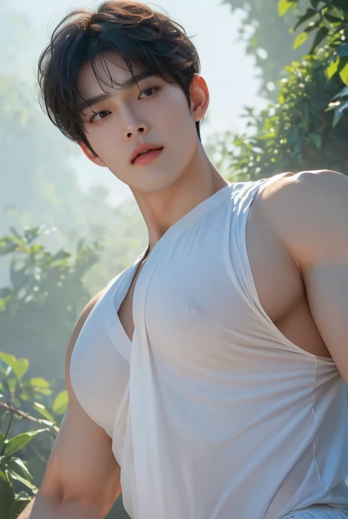 arafed asian man in white shirt posing for a picture, south korean male, yanjun chengt, jinyoung shin, hot with shining sun, wearing a low cut tanktop, korean muscle boy 2 1 years old, mid-shot of a hunky, cai xukun, kim doyoung, open v chest clothes, hong june hyung, handsome chad chin,A soft illustration bathed in twilight hues of cool blues and purples, creating an ethereal dreamland. The artwork, in the style of Guweiz, The romanticism art style emphasizes the tranquil beauty of this fantasy realm, inviting viewers into a world of wonder and mystique, all highlighted by a glowing, soft aesthetic,
((depth of field)),((open and vast place)),telephoto lens,(((close-up))),(chest focus),(((perspective from below))),(simple background),(simple color),((blurry)),(horizon),
1boy,cool guy,peaceful,((floating short hair)),((((bangs)))),(((soft clean hair))),(((silky skin))) ,((smooth skin)) ,clean body,(clean face),((smooth face)),(natural pretty face),((adam's apple)),((looking up)),((solo)),(teenage),(wind),(chin up),(hopeful),
((skin tight open shirt)),(mini white shirt),((see-through)),
(narrow waist),slender waist,muscular,(broad shoulders),((huge wide chest)),(((huge plump chest))),((bursting chest)),(((huge muscle ))),(((hyper pecs))),(bodybuilder),((beautiful cleavage)),