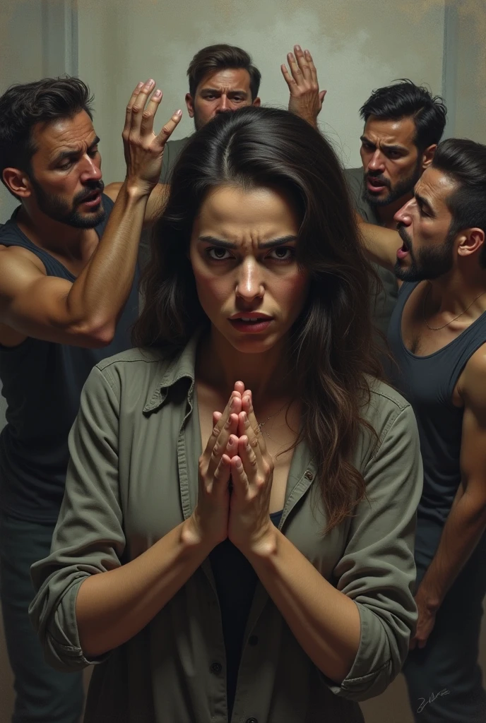 Create people men and women dressed in casual clothes some on their knees crying with their hands on their heads and others standing pointing up scared