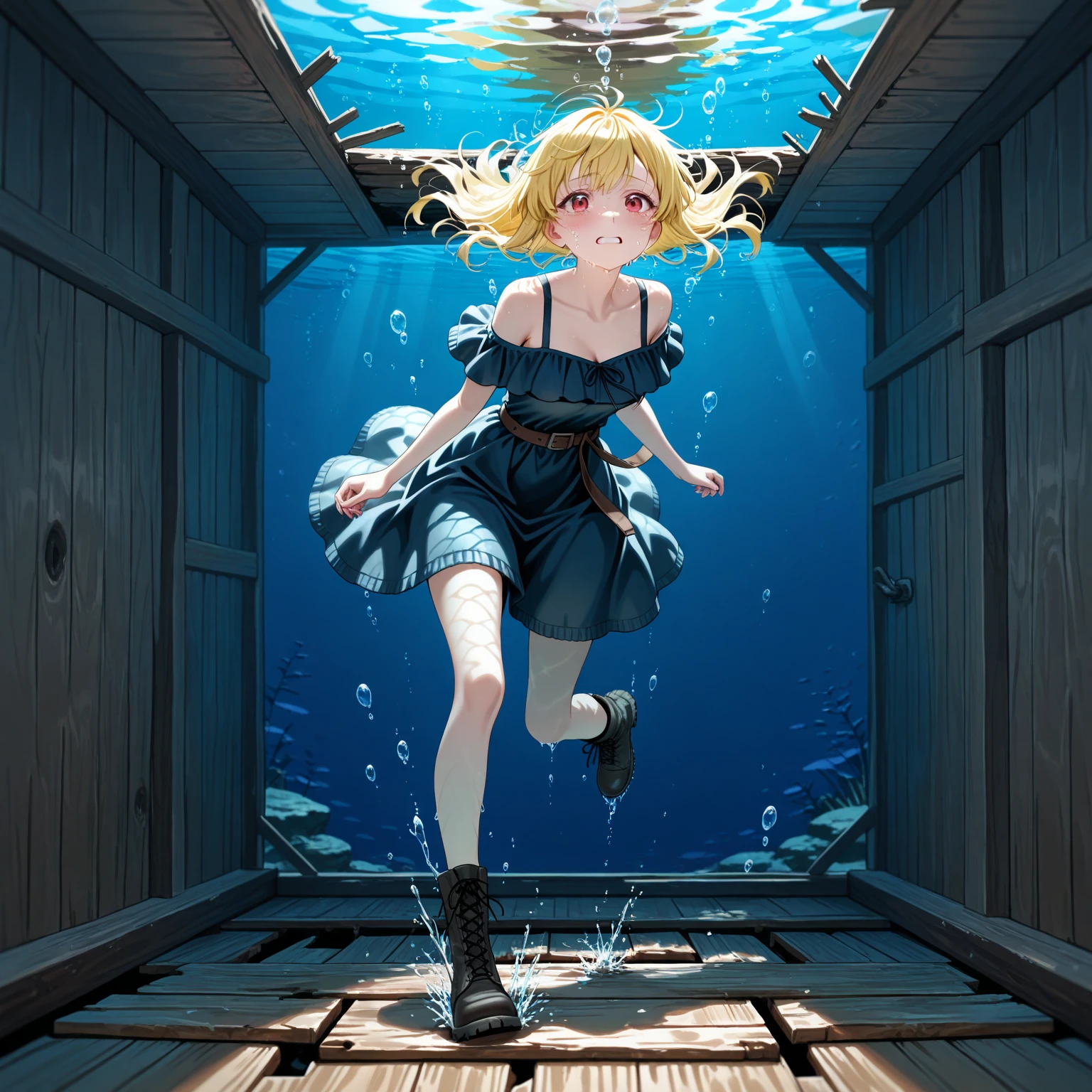 Girl captured by tentacles in abandoned factory、Tentacles in a skirt、Pants fabric texture、Watery eye、shout、Get wet、Reluctant、run away