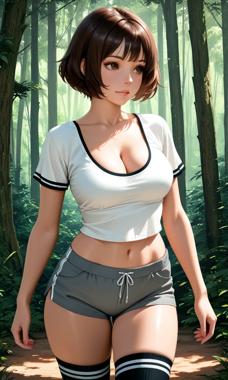 ((Masterpiece)), ((Best Quality)), ((highres)), ((UHD)), ((absurdres)), (1 girl), ((super detail)), ((high details)), dramatic lighting, blushing, smile, green eyes, bob cut, bangs, black hair, short hair, choker, crop top, (black tank top), (black pleated mini skirt), gorgeous girl, large breasts, cleavage, gorgeous body, glossy skin, vivid colors, full body view, ((sharp focus)), outdoors, standing up, in green grass field, feminine, shy, ((anatomically correct)), ((award winning)), ((arms behind back))