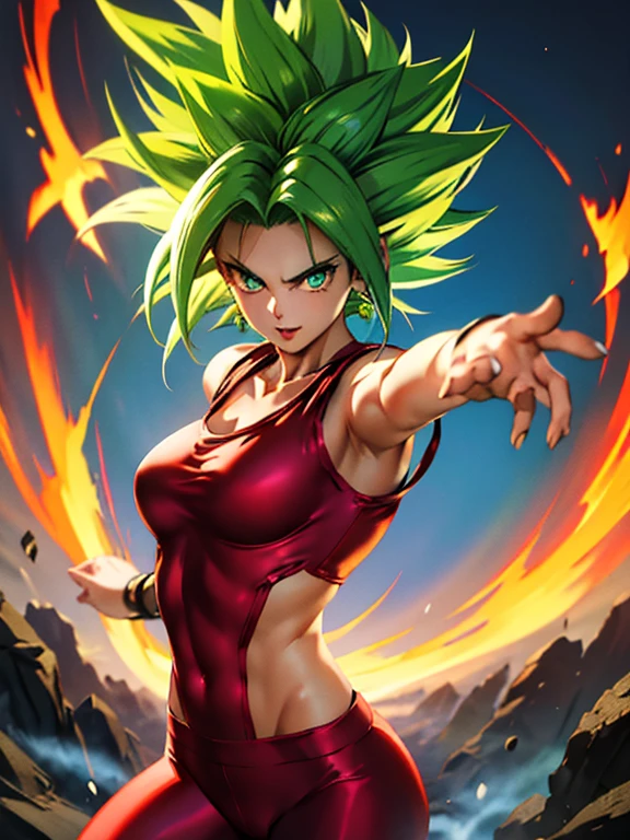 <lora:KeflaGrapefruit:0.5>, xyzkefla, super_saiyan, green_hair, green_eyes, 1girl,  spiked_hair, energy, torn_clothes, jewelry, aura, leggings, red clothing, dramatic, cliffside, looking at viewer