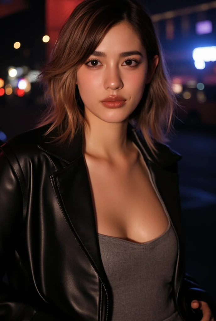  portrait of short colored hair Indonesian woman, curvy muscular, seductive face, wearing Velvet blazer, hoops earing, corset, cross necklace. she poses seductively on the city street. HDR, 4K, High saturation