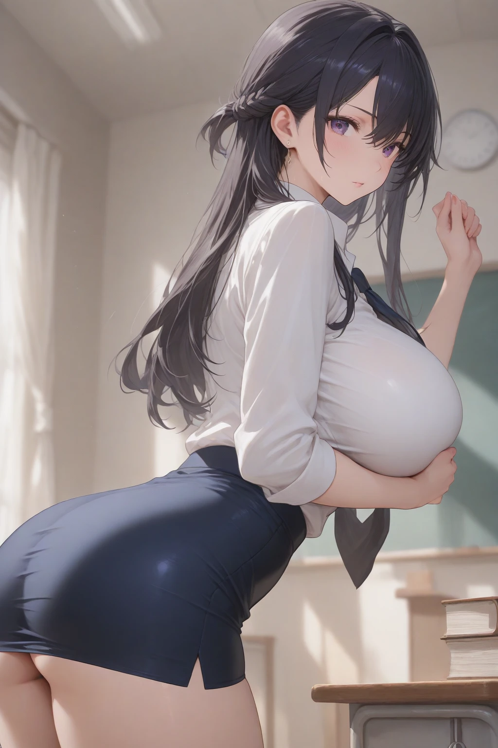1girl, natural lighting, masterpiece, highly detailed, illustration, game CG, absurdres, high quality, aichan, large breasts, beautiful detailed eyes, detailed hair, glossy lips, blush, school, white shirt, black pleated miniskirt, short ponytail, (leaning forward), looking back back at viewer, silver hair, (lace panties:0.6)