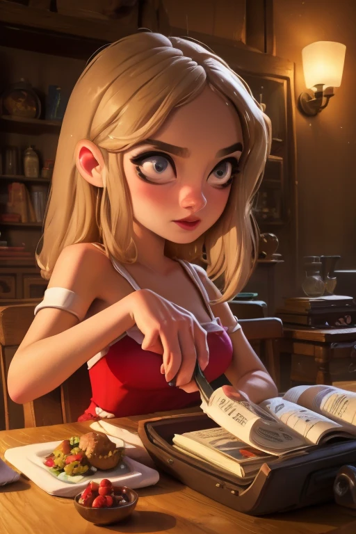 { masterpiece : best quality : high resolution : unity 8k wallpaper : illustration : beautiful detailed eyes : extremely detailed face : perfect lighting : extremely detailed CG } { in a dark creepy library } { Sabrina Spellman : : platinum blonde hair with red hairband : perfectly small shape breast : freckles : perfectly fit body :red dress: studying : sitting at a study table }