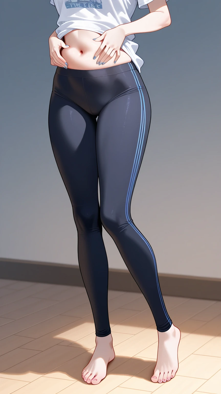 1woman, short black hair, orange eyes, tall, black yoga pants, black sports bra, standing on ground, high res, ultra sharp, 8K, masterpiece
