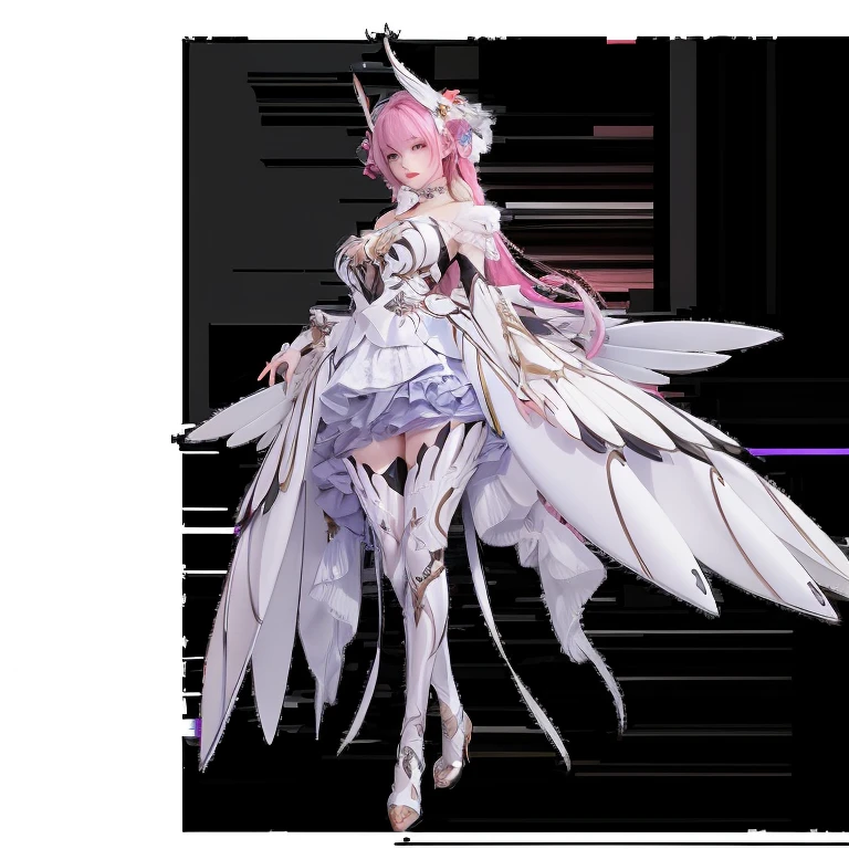 A hyper-realistic、ultra-detailliert、top-quality、hight resolution、Anime girl with pink hair and white wings in a white dress, angel knight girl, cushart krenz key art feminine, Official Character Art, as a mystical valkyrie, Madoka Kaname, mechanized valkyrie girl, LE SSERAFIM, from arknights, clothed in ethereal armor, Ayaka Genshin Impact, glossy white armor, cushart krenz