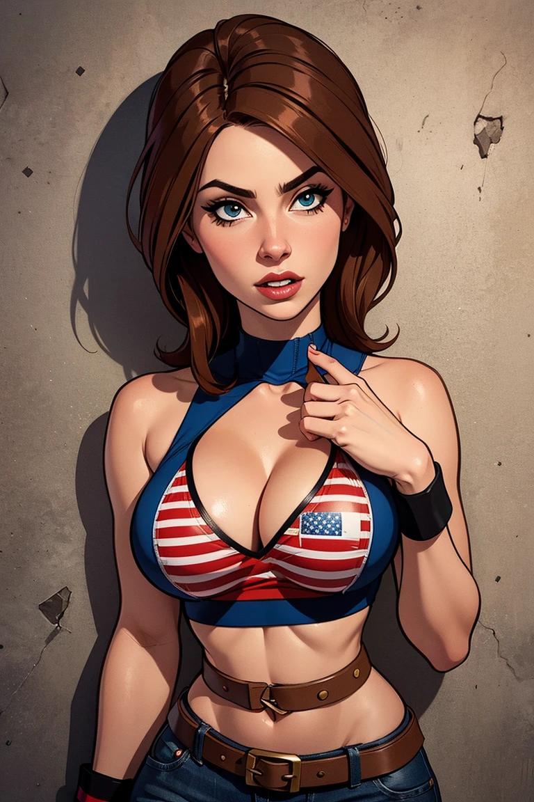 Lay down on top of a bed, viewed from above, is a Beautiful woman wearing a red white and blue leather (basque) like a union jack flag, stockings, beautiful black hair, cleavage, gorgeous young model, beautiful woman, beautiful young woman, a gorgeous, very pretty model, perfectly formed fingers.