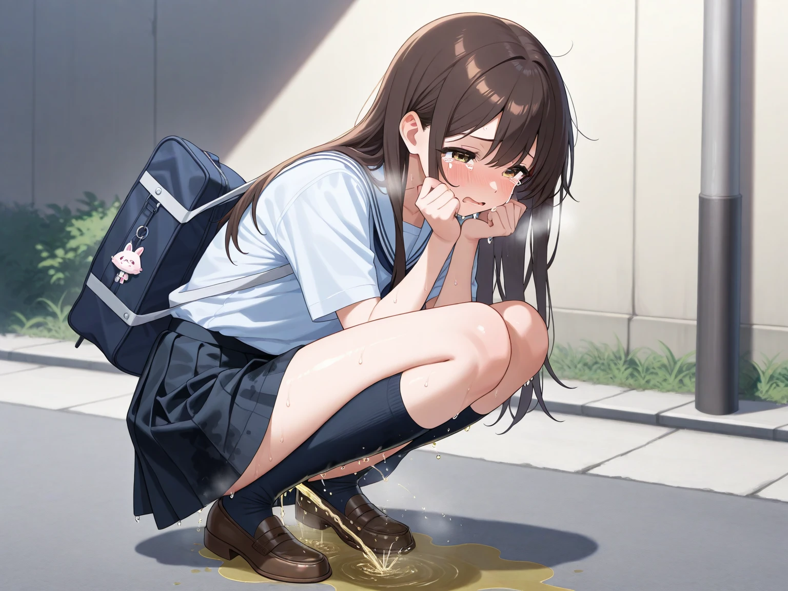 nsfw, (masterpiece, top quality, best quality, highly detailed:1.6), extremely detailed CG unity 8k wallpaper, strong facial expression, (at midnight), night, at dawn, (sharp eye:1.2), (scowl:1.1), (embarrassed, blush:1.3), (steam:1.8), (wet:1.2), (sweat:1.1), (trembling:1.3), (open mouth, wavy mouth:1.4), (harf open eyes:1.5), (feeling weak:1.5), (shoot from front, looking at viewer:1.2), (squatting, skirt lift, clutching skirt:1.6), (downtown street, downtown alley), edgpdress, (1 woman, outdoor, business suit, Blouse:1.4), ((black suit, Pencil Skirt, tight skirt)), high-heels, (long hair, ponytail, brown hair, pubic hair, Brown:1.5), (woman trembling with sexual climax:1.5), colorful, full body, wide shot, perfect composition, (chrotch, pussy, urethra, panty, panties), urination, incontinence, piss, peeing self, (((pee stream))), (pee puddle), wetting herself, pee stain, large breasts, Yellow pee, ((leaking pee)), puddle of pee, Pee at your feet, Pee spread on the floor, Pee stains, Dripping pee between my legs, Feet wet from pee, Pee-covered feet, Pee at your feet, want to pee, about to pee, Full bladder, Pee-soaked skirt, Pee-soaked high-heels, natural makeup, A pair of partially removed panties is hanging around one of her ankles,