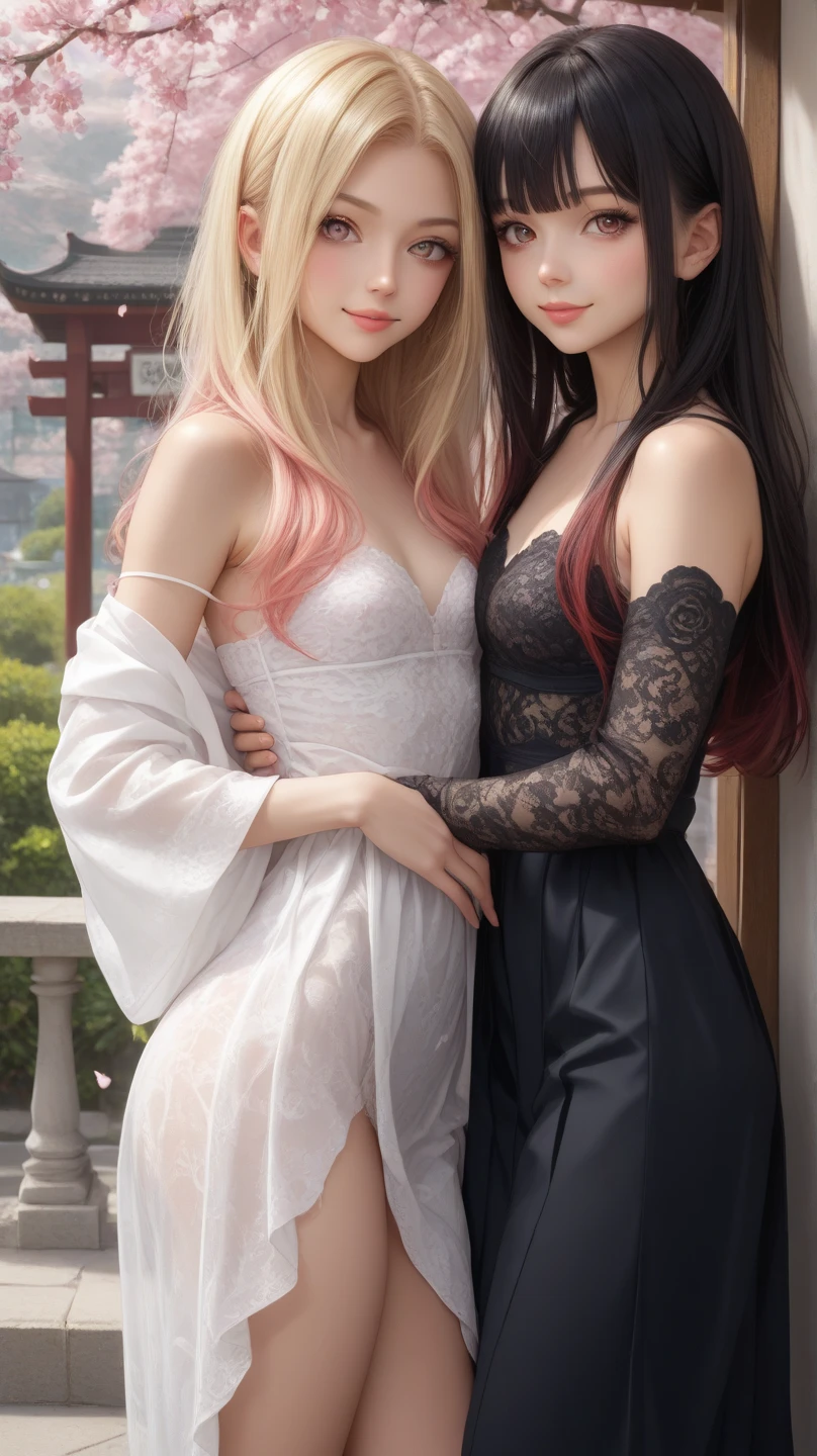 Two beautiful Japanese 18 year old girls，kissing each other，Tongue kiss，gray haired，big round breasts，Temptation，Erotic lingerie，No bras，Cover your private parts，Various poses are sexy，（Beautiful eyes down to the smallest detail，Half of the eyes closed：1.4，Lashes，beautiful double eyelids），Beautiful thin legs，Seductive eyes，Sharp eyes，Evil smile，cowboy lens，Large bed in suite，
