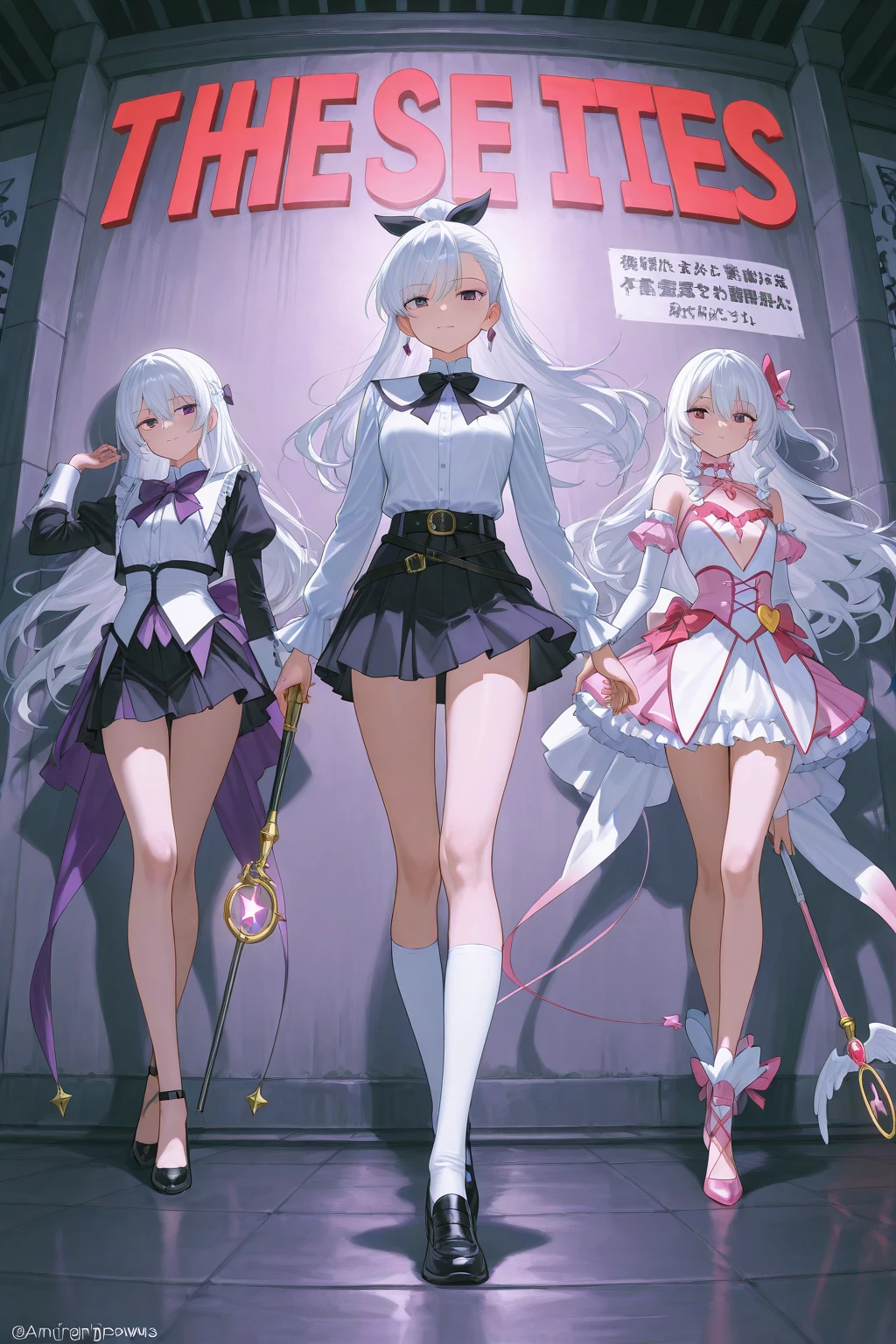 multiple girls, 3girls, standing, giantess art, highly detailed giantess shots, giantess, most detailed, perfect face, Two legs, Five fingers, short hair, A beautiful girl who is bigger than a skyscraper, Wearing rimless glasses, smile, huge breasts, magical girl dress, bow, magical girl, holding a magical wand, black pantyhose, stiletto heels, thunderbolt from a magical wand, seaside metropolis, numerous miniature warships on the sea, Destroying cities, Under heavy attack, A very small big city, Miniature metropolis, Full body description, GTS, giga giantess, stomping city, crash city, tiny city, micro city, pantyhose feet, High resolution, highest quality, masterpiece, 