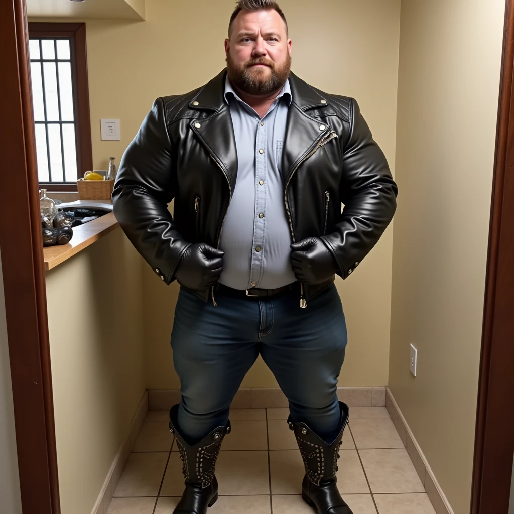Just plump, chubby, extremely thick thighs, large belly, fat, long beard, huge long beard, full body tattoos full body photography full body image, They don't wear clothes, firing , naturists, just unbuttoned black leather biker jacket, Welcome to the world of Harley Bikers, where the culture of choppers and easy riders come together in a brotherhood of men who find their passion for motorcycles a form of freedom and personal expression, luxury edition magazine cover, gay porn video cover,💓, view from below, leather hat, Armbands, leather cap,bondage outfit))), tattooed arms, full body tattooed, gesturing with hands towards the viewer, he is squatting for the viewer, a view from below near his crotch. He is smiling seductively.🍼.Many exaggerated squirts of semen come out of the glans of the penis), low angle view, with hands Gesturing with hands holding testicle with hand, gesturing, expressing, ((Male genital glans penis abnormal size, phallus size gigantic phallus super long phallus inclined fallen, dropped balls)), sensualizing with the hand on the crotch, Stroking the balls, ejaculating excessively, enjoying without limits, Jets of sperm spurting from the glans penis, very sweaty body, extreme body sweat.