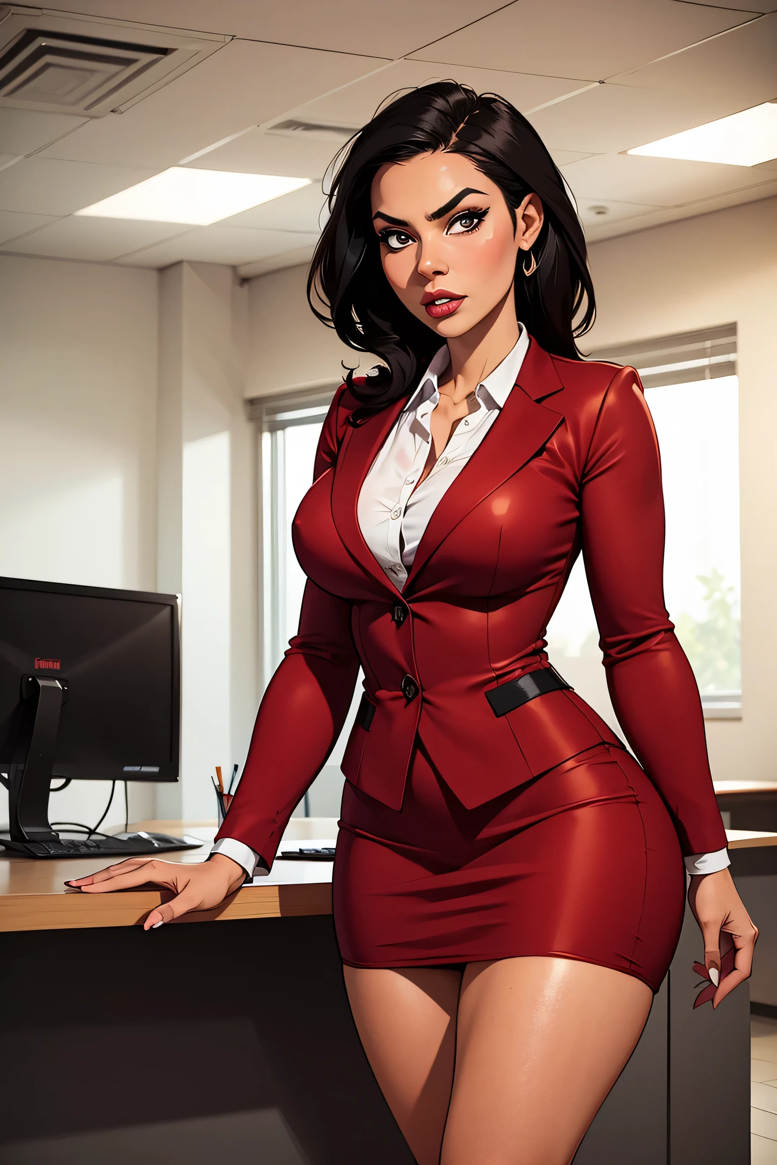 NSFW, LWRD, Governor Rottenmeier, a Bewitching and vicious Gang leader, 1mature woman, sexy MILF, evil Femme Fatale, 35yo, London 1814 year, overcast, sitting at the table in her office, (She held up a sharp, lustrous black karambit knife in one hand, the sharp, gleaming edge of which she displayed menacingly.),athletic physique, perfect anatomy, ideal facial features, ideally proportioned figure, perfectly beautiful body, super detailed skin, glossy skin, glistening skin, soft and curvy, neckline, tattoos on torso, body conscious, ((black-red vintage clothing:1.5)), black coat, Tight pencil mini skirt, Black fishnet stockings, karambit knife, collarbone, cleavage, saggy huge breasts, Nipple protrusion, camel toe, ((sly look, cruel grin, evil seductive smile)), upside down cross gold earrings, roughened appearance, cinematic, cannon 6d, octane render, vintage aesthetic, mysterious aura, dark and erotic atmosphere, detailed face, mysterious aura, bright skin, short black hair, detailed intense blue eyes, arched eyebrows, A neat nose and beautiful nostrils, Sensual full lips, glossy lips, dark red lipstick, nsfw, masterpiece, incredibly absurd resolution, absolutely resolution, ultra high resolution, Mature Female, MILF, professional, vivid colors, from below, She glares seductively at him with lewd eyes that hide murderous intent.