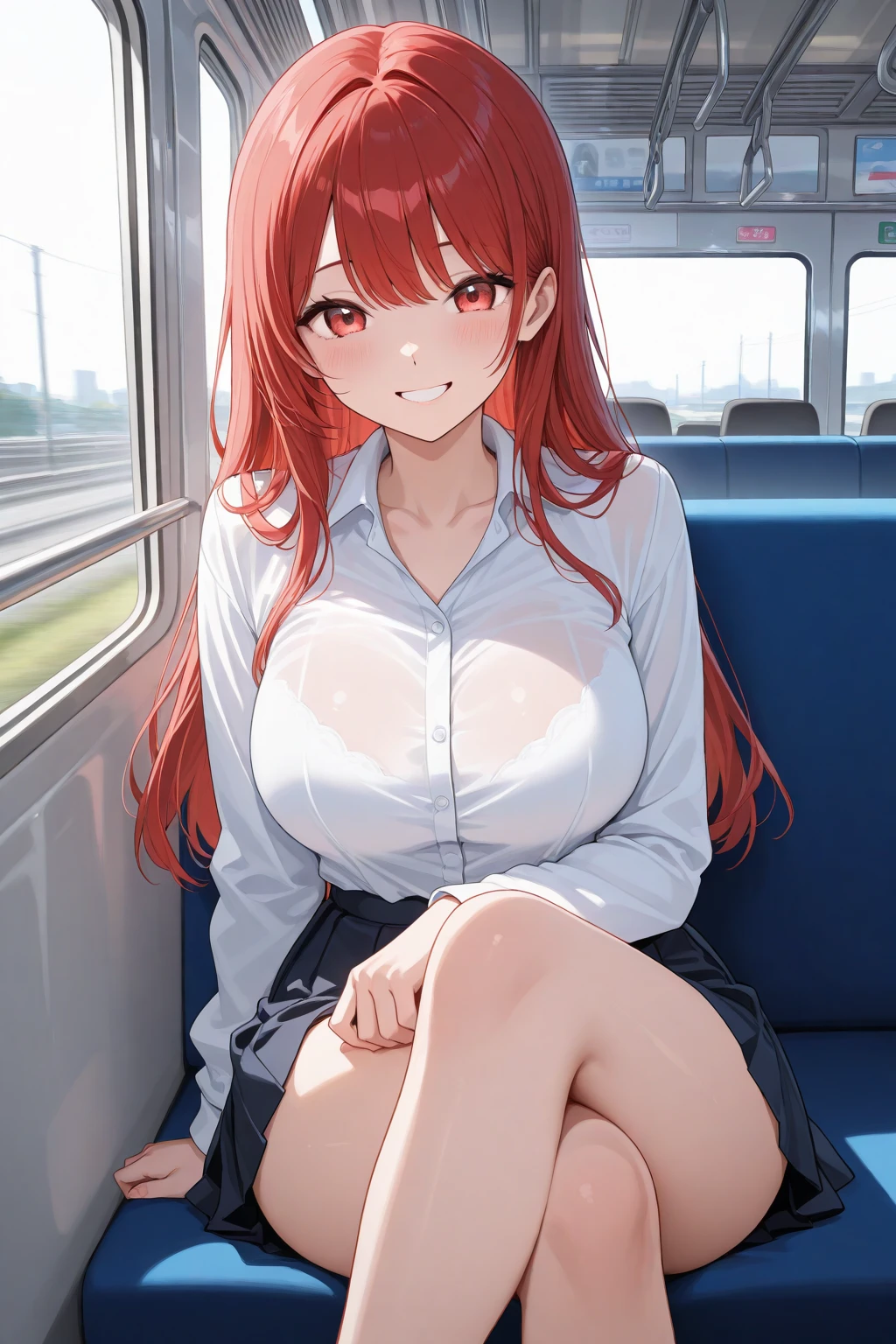 1 woman, solo, tall woman, long orange hair, straight hair ,orange eyes, (Full Breasts), High Height,masterpiece, high resolution, shiny, full body, beautiful,A cute smile that makes the viewer happy, highly detailed beautiful face and eyes,looking at viewer, (pov:1.1), sitting on train seat, (sleeping:1.3),(closed eyes:1.2),(accidental exposure panties:1.1), white lace panties,cameltoe,pleated skirt,hands folded,(spread legs:0.5),front view of front seat,
