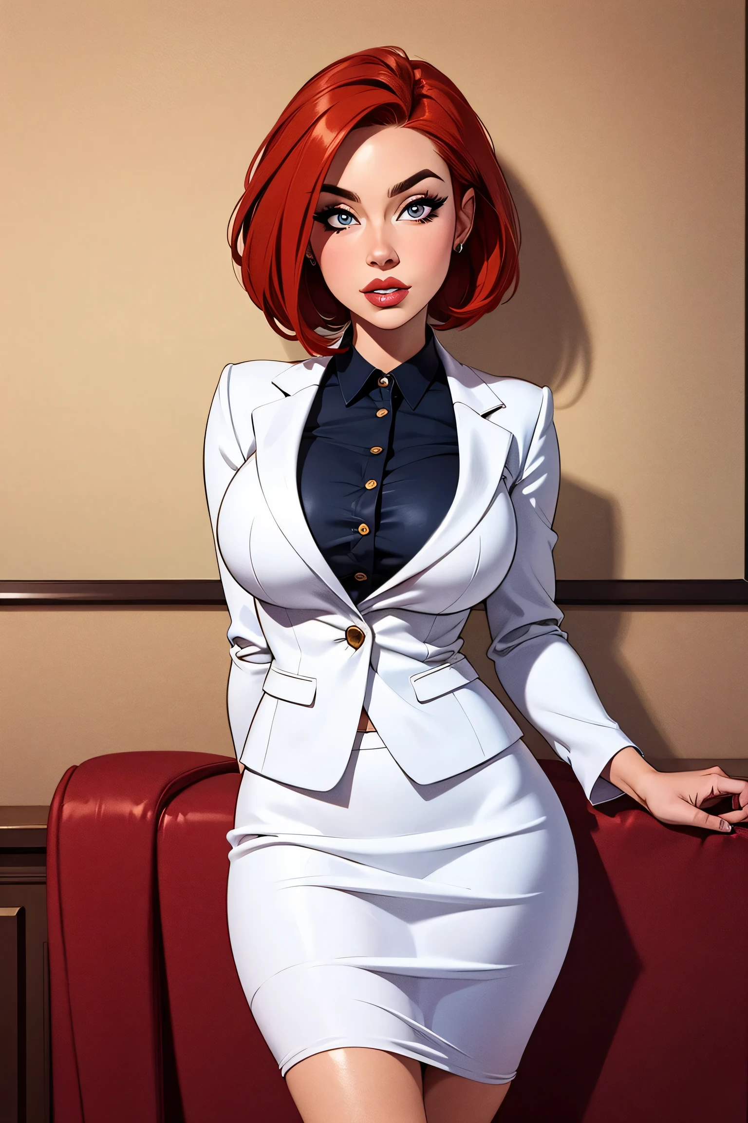 high quality,resolution:8k,realistic,Carolyn Dunn,red hair,bobcut,beautiful detailed eyes,beautiful detailed lips,white suit,pencil skirt,high heels,vivid colors,portraits,studio lighting