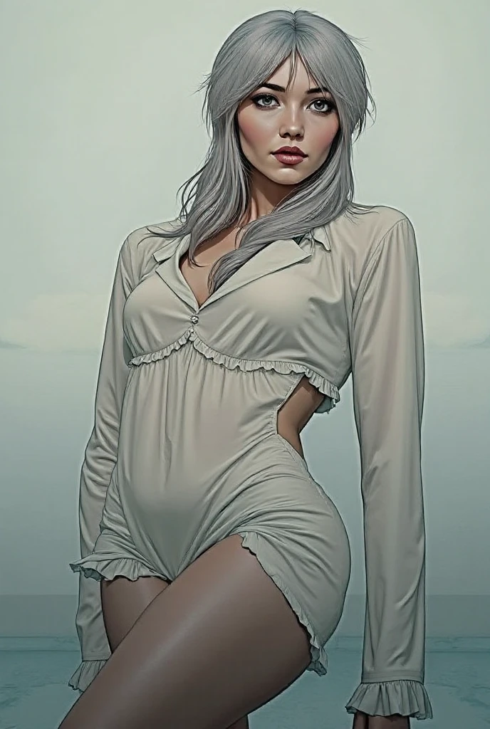 best quality, highres, ultra-detailed, realistic:1.37, white-silver hair, suspender, topless, full body view, panties, cinematic style, golden section, slight smile, collage