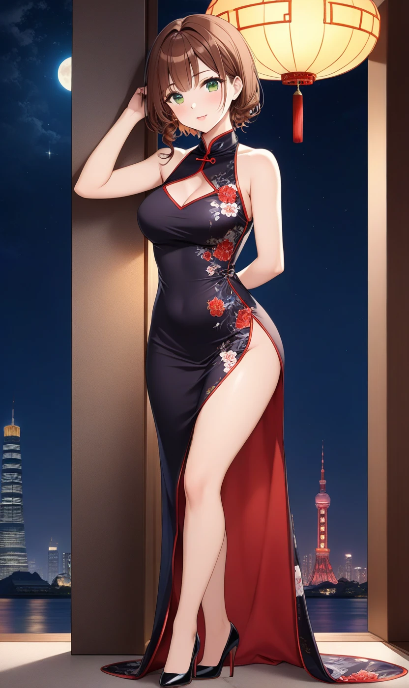 8K, masutepiece, Raw photo, Best Quality, Photorealistic, Highly detailed CG Unity 8k wallpaper, depth of fields, Cinematic Light, Lens Flare, Ray tracing, (Extremely beautiful face, Beautiful lips, Beautiful eyes), intricate detail face, ((Ultra detailed skin)) 1girl in, In the Dark, deepshadow, Pretty Korean girl, Kpop Idol, 1 girl, (Very slim and slender fit muscular body:1.3), ((Looking at Viewer)),(Big smile:1.3), (Fashion City Night, a dark night, (Neon sign), (Blurred background), Fashion Street Night),(No people in the background:1.3), Beautiful earrings, Bracelets, pantyhose, Clear eyes, Walking, (pale skin), (Big eyes), Face forward, (Brown hairs), (Full body shot), ((Blue silk cheongsam:1.3)), ((tight fit dresses)), , (Looking at Viewer:1.3) opened breast, Very slim,huge breasts, backtrack, ass focus, Before the eyebrows,(Tight Dress),Beautiful ponytail