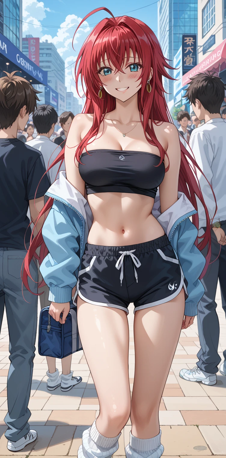 Anime girl with a gorgeous figure in sportswear runs on the street