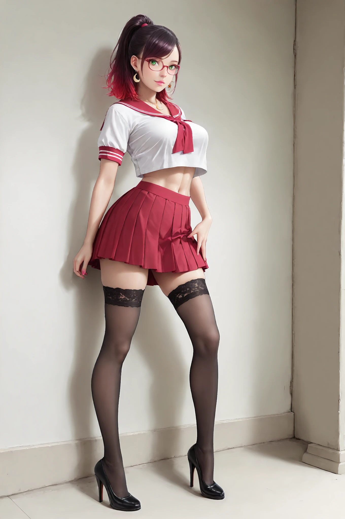 Pink Goddess,green-eyed,Cherry small mouth,short detailed hair,Bigchest,red school uniform,Red leather skirt,black lence stockings,seduce,Doing sports