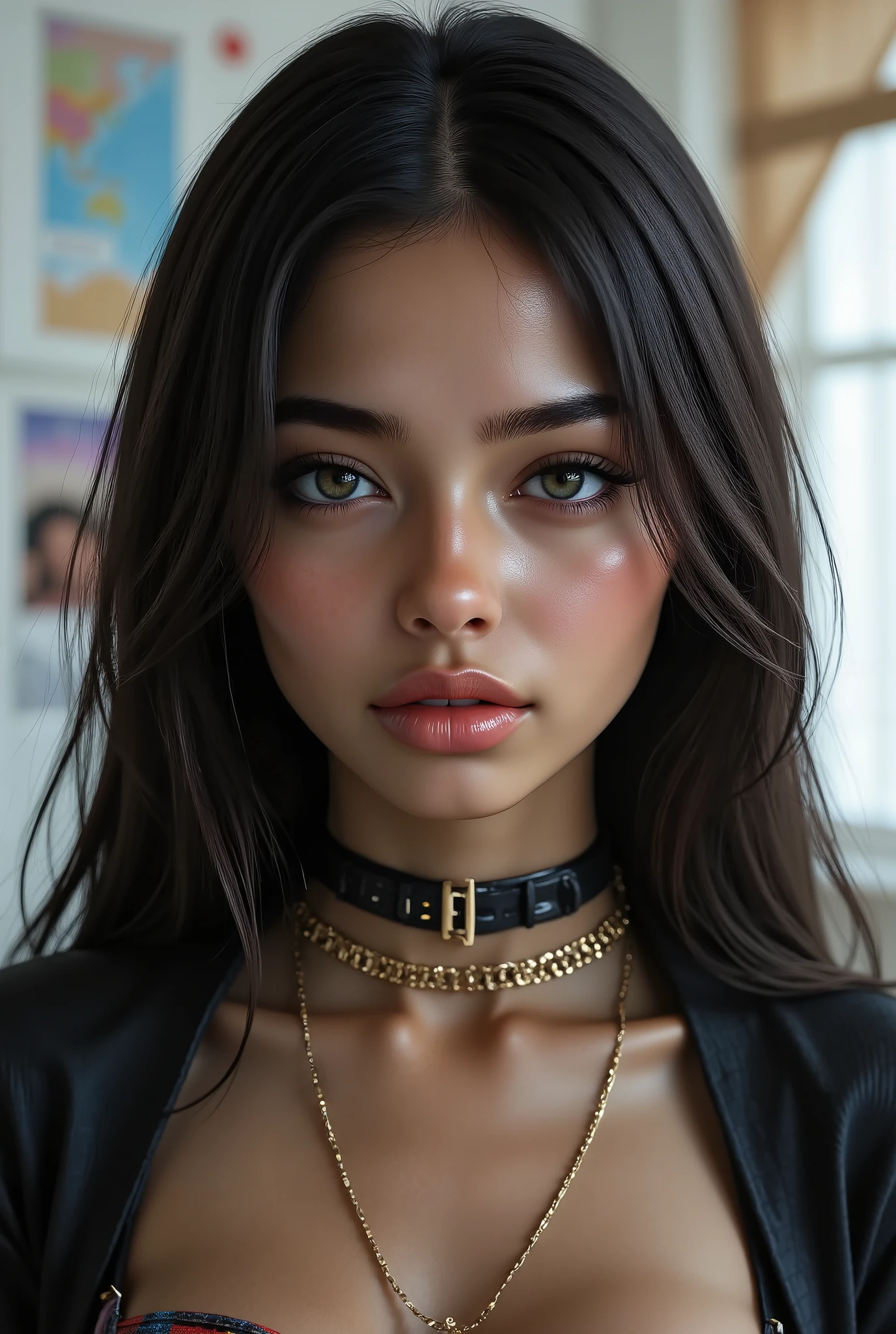  realistic (photorealistic realism),((high resolution)),((intricately detailed digital art)),(best quality),(realistic texture details: perfect skin, smooth skin, (without folds and dents:1.28)),(professional photography), break, (small round head)),(high detailed realistic Super beautiful slim and sharp-face), (best highest detailed realistic black_eyes:1.4), ((super realistic sharp-eyes)), (tired and sleepy and satisfied:0.0), perfect round eyes, finely detailed pupils,break,detailed lips:1.3,pink_makeup:1.22, Long_blue_eyeliner :1.28, [red_lipstick:1.35],(perfect dark_eyeshadows:1.45), (super detailed professional makeup on eyes:1.3), perfect lighting , Perfectly detailed hair , Perfect and exquisite face , Perfect collarbone, perfect body, juicy breasts 、 viewers are on the sandy beach , 1 person, ( perfect anatomy, anatomically accurate), Symmetrical face、(( shiny hair)), Sexy Body on Desk 、(masterpiece),Very clear,( super real ), seductive woman,  realistic style woman, juicy breasts 、(( juicy lips ))、(( blonde straight))、 gorgeous golden ornaments 、 Long eyelashes ))、(Compensate)、(Dark Skin、 wide hips、 thick thighs 、tie、 Cardigan、 [[short plaid mini skirt]] 、 long Legs:1.3)、(indoor、classroom) (Rendering engine: "Unreal Engine 5 path tracing, 16K texture maps")