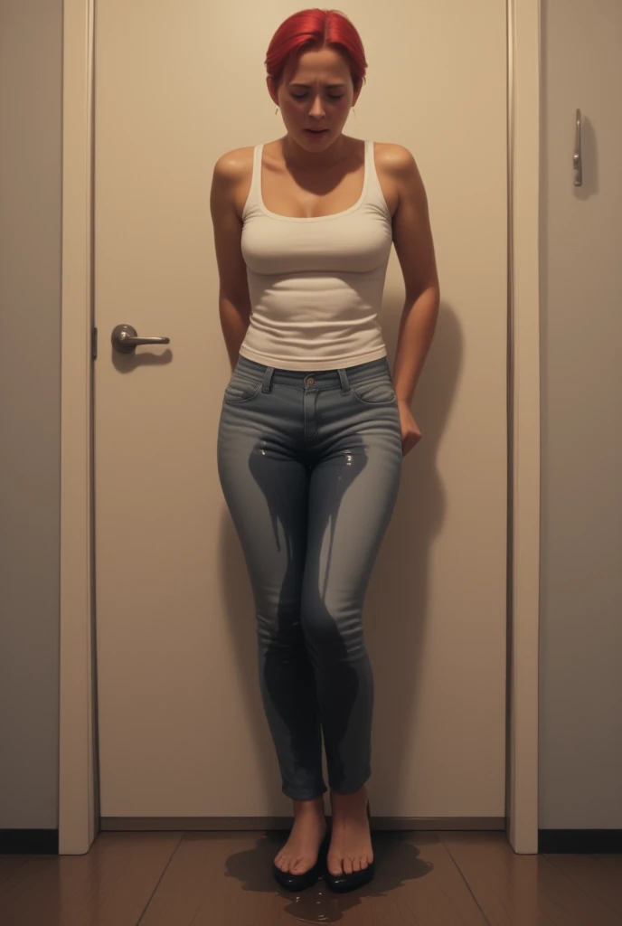 RAW photo of 50 years old Doutzen Kroes, mature woman, masterpiece, best quality, (photorealistic:1.4), full body, (white unbuttoned oversize shirt:1.1), (blue jeans:1.2), heels, living room, cinematic light, beautiful woman, medium breasts, platinum hair, short short (bob haircut:1.2), wrinkles on the face,