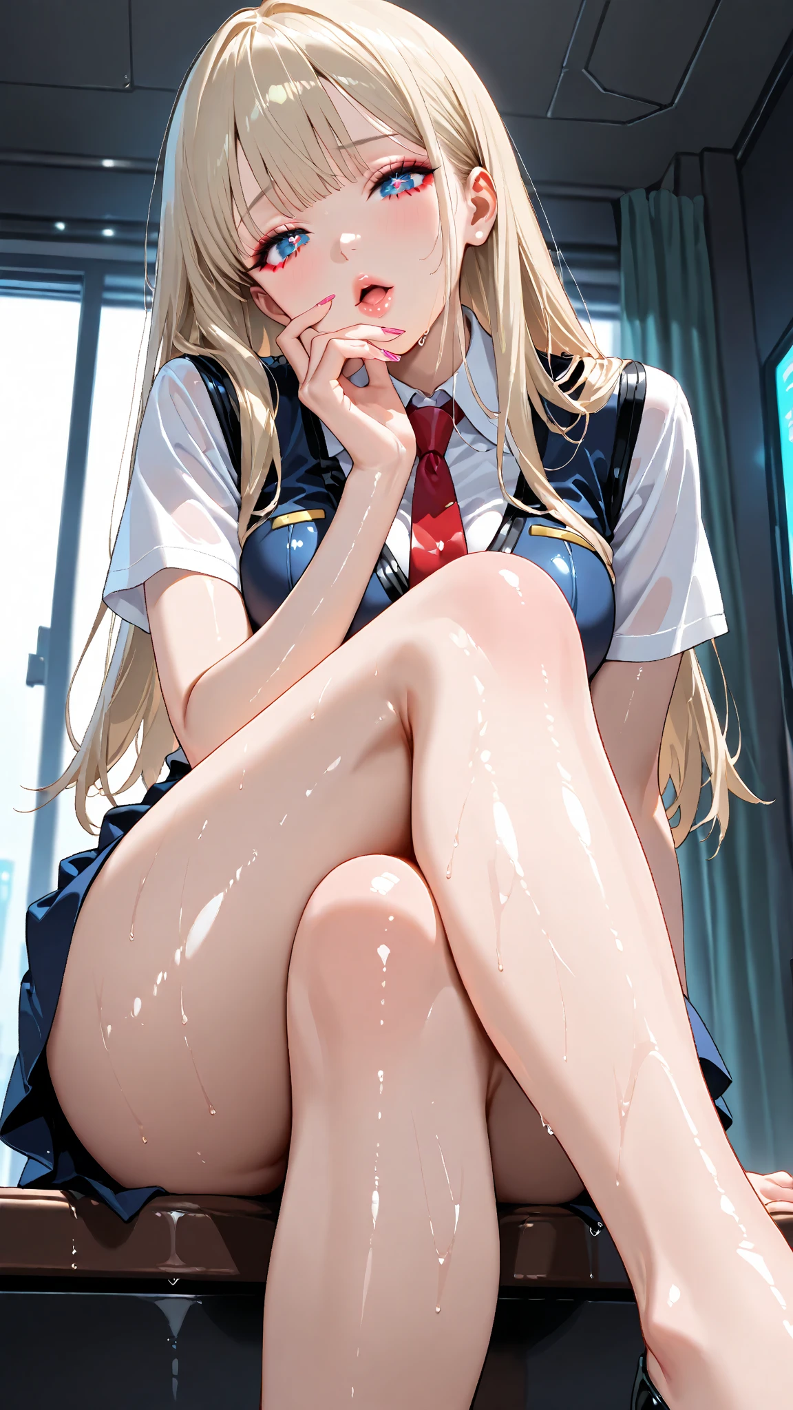 nefw,　glossy skin，　best quality ・ultra-detailed ・8k ・high resolution，　Photorealistic,　Picture-Perfect,　Stunning Lady,　Ultra High Definition,(((Pulled down panties)))Glossy photo,Mature Woman, blue eyes, Blonde, Soft Light, 4K resolution, high quality, Beautiful CG,Golden Ratio,Slender figure,Crouching,(((Looking from directly below))),Looking down,Take off your lace underwear,((Very dirty dark back alley)),Very thin,Golden Ratio,,Very slim legs,Small breasts,Hold your knees, Golden Ratio,skirt,,Spread your legs,Perfect slim legs,Ties and uniforms,Split legs,Cold Stare,Wet panties,See-through panties,Detailed eyes,Spotlight at night,((Close-up photo of panties))