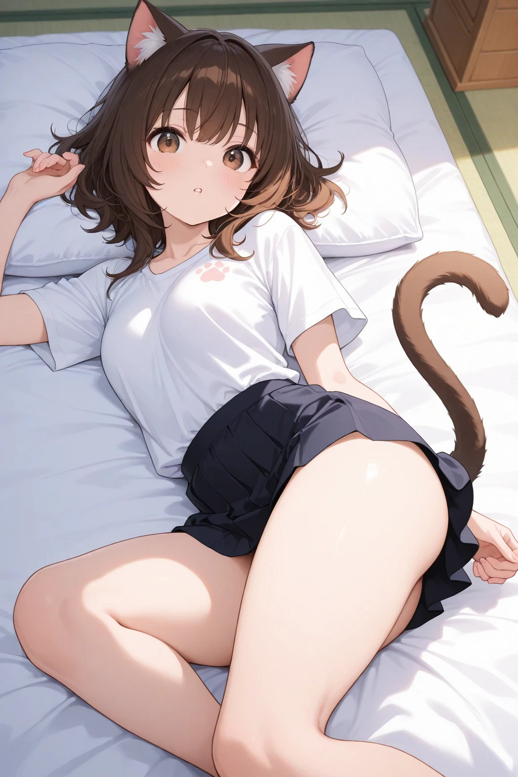 masterpiece, best quality, high quality, beautiful anime character, solo, anime girl with brown hair, soft hair, long hair, blue eyes, cat ears, big breasts, mature female, tall female, big girl, thick, (calming face, light smile, loving eyes), indoors, (white oversized t-shirts, white panties), cat tail, legs, sleepy, bottomless, 