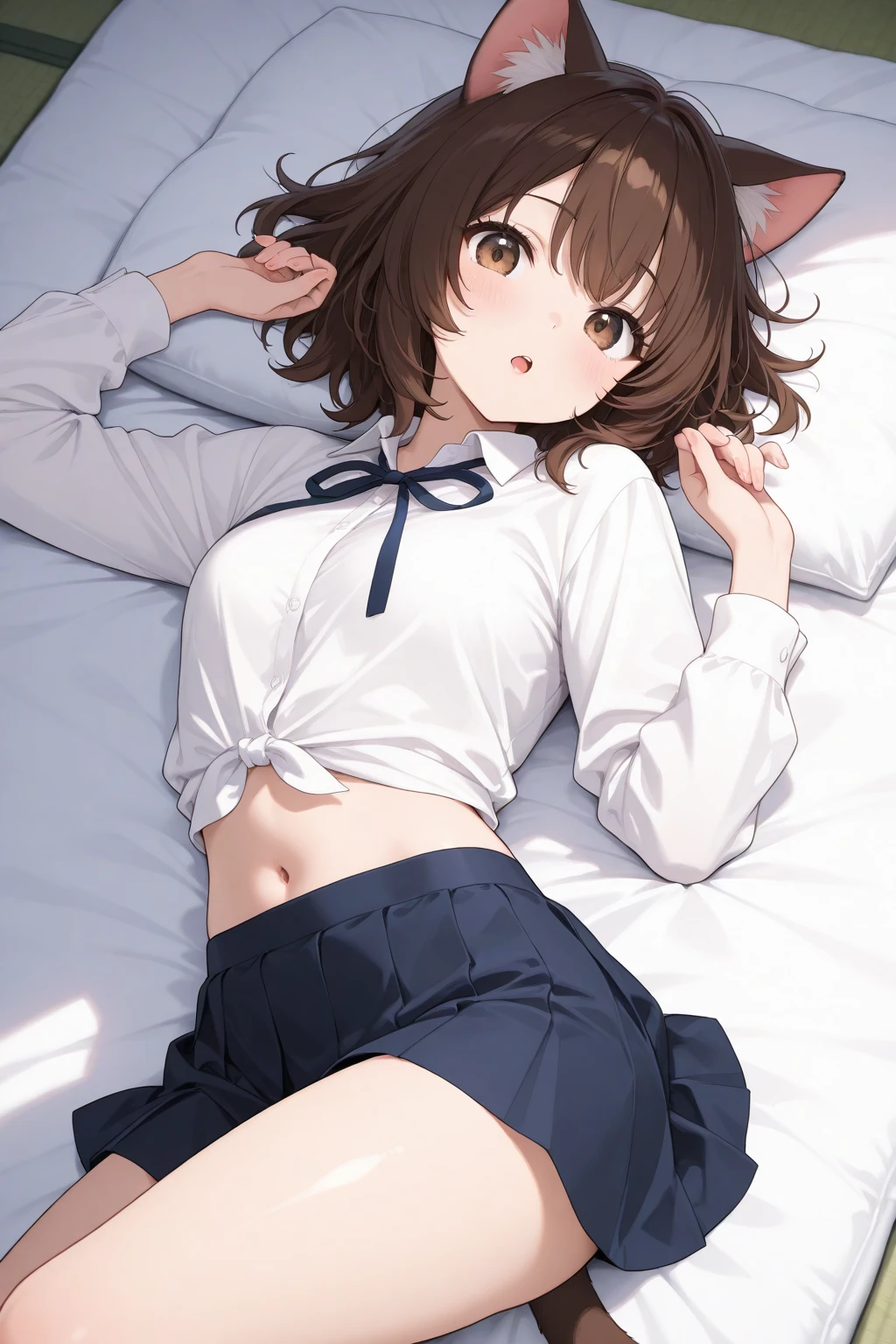 (masterpiece, Highest quality:1.2), Complete human body, Perfect Anatomy, Bedroom, Cute S, Lustrous brown hair, Chibichara, too young girl, I want to caress you, Cute face, Lift up your shirt, Not wearing a bra, Small breasts, Small breasts, Immature breasts, The nipples and areola are pale pink., Flip up skirt, Not wearing panties, Showing off her pussy and ???????, Boldly open your legs wide, Immoral Eros, Embodying the desire to tarnish purity, School uniforms are messed up, Moist eyes, Tears, Dynamic Angle, 