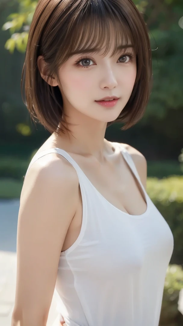 Photorealistic、highest quality、Highest quality、masterpiece、Ultra-high resolution、Raw photo、Realistic、Bright lighting、Face Light、Smooth Professional Lighting、Looking at the camera、alone、Adult women、Beautiful woman、Super Beauty、Realistic肌、Moisturized Skin、Realistic eyes and faces、Perfect model body shape、Beautiful Eyes、Big eyes、Inconspicuous tear bags、slim、Big Breasts、No bra、No makeup、Beautiful fingers、Very short hair、Dark black hair、dark black eyes、looks fun、(Both ears are hidden in the hair)、Cowboy Shot、in the forest、Mountaineering、Tank top、Ruck sack、hiking、expedition、Sweat、Shorts、Mountain Department