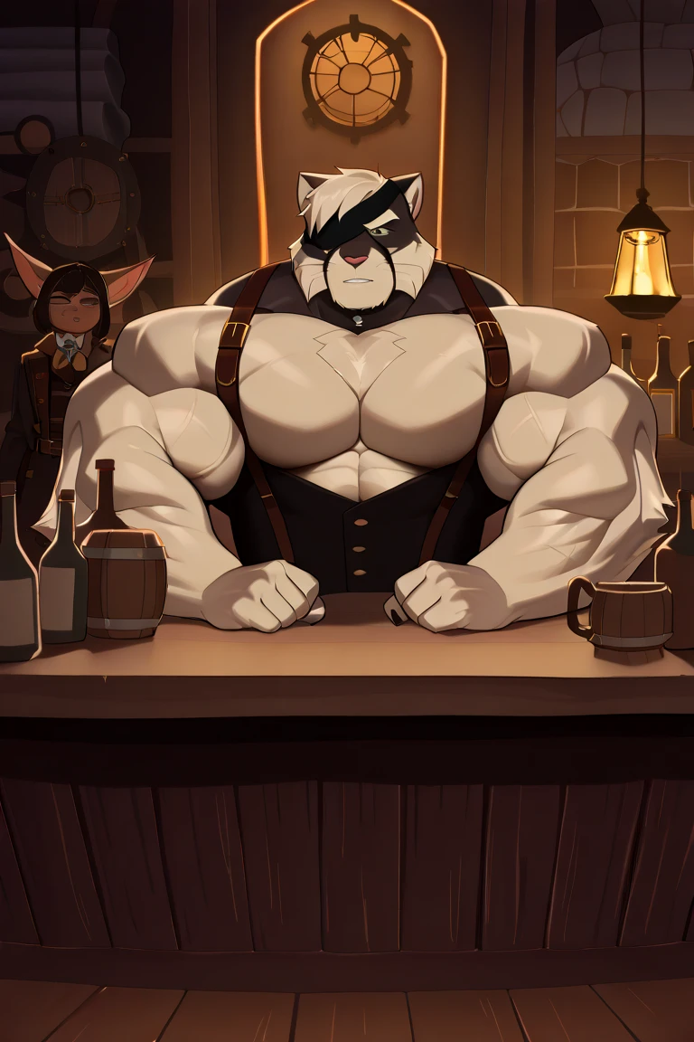 Chubby, furry, white full body, big body ,hairy, white hairy, loincloth, ass,thin beard, daddy, daddy face, father figure, seductive,A little blush, bar ,sitting, masculine back, facing backwards, from back , by darkgem,NSFW