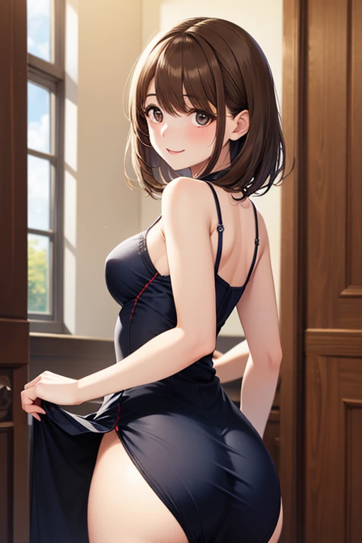 Official Art, unity 8k wallpaper, Very detailedな, masterpiece, Highest quality, 1 female, (Very detailed),(RAW Photos、Highest quality)、(Realistic、Photorealistic:1.3)、Attention to detail、顔のVery detailed複雑な 3D レンダリング、(Very detailed肌:1.2)、Dynamic Angle, Fire glow effect,  Professional Lighting, Side light, Cinematic Light, Ultra-high resolution, 8k , Film Grain,Best Shadow, Particles of light, Fine skin, Detailed face, Intricate details, Very detailedな, Shine, Please reconsider、indoor，Foliage plant，Large windows，indirect lighting，Large bed，Brown Hair，Shortcuts，Messy Hair，Slender beauty，Dignified，Mid-chest，Soft breasts，Beautiful feet，whole body,、Beautiful Face、Blurred Background、1 beautiful girl、Shine肌、thin、Delicate body、thin legs、Black camisole、((Get on all fours))、Her captivating grey-blue eyes shine like stars