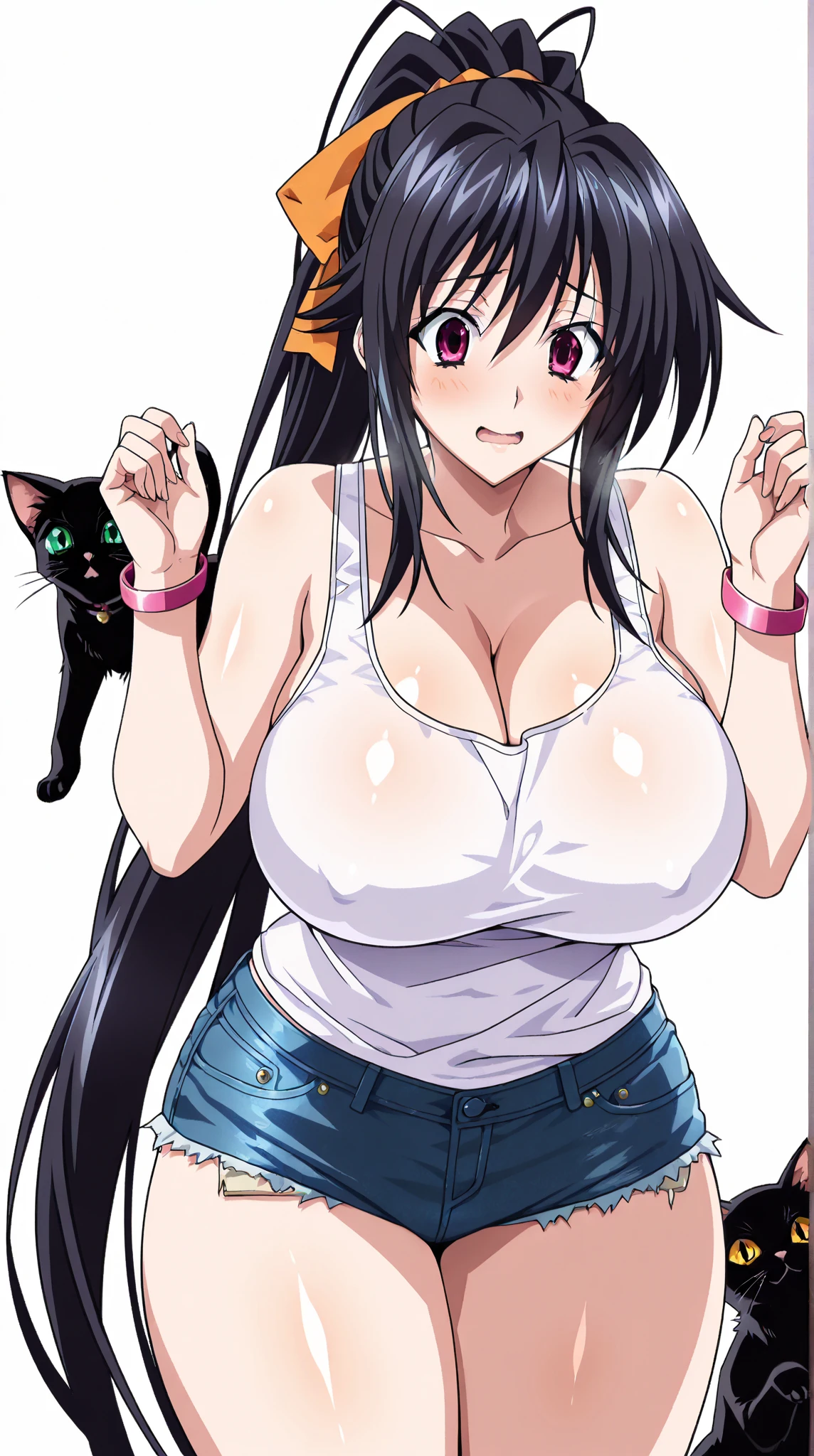 looking at the viewer, asymmetrical clothes, navel, purple eyes, very long hair, tied shirt, midriff, hair ribbon, single pantsleg, white shirt, ponytail, black hair, large breasts, jeans, white ribbon, brown belt, purple hair, asymmetrical legwear, 1girl, solo, alone,  <lora:pervert_face_and_pose_illustriousXL-000009:0.8>,  claw pose, mouth drool, blush,masterpiece, highres