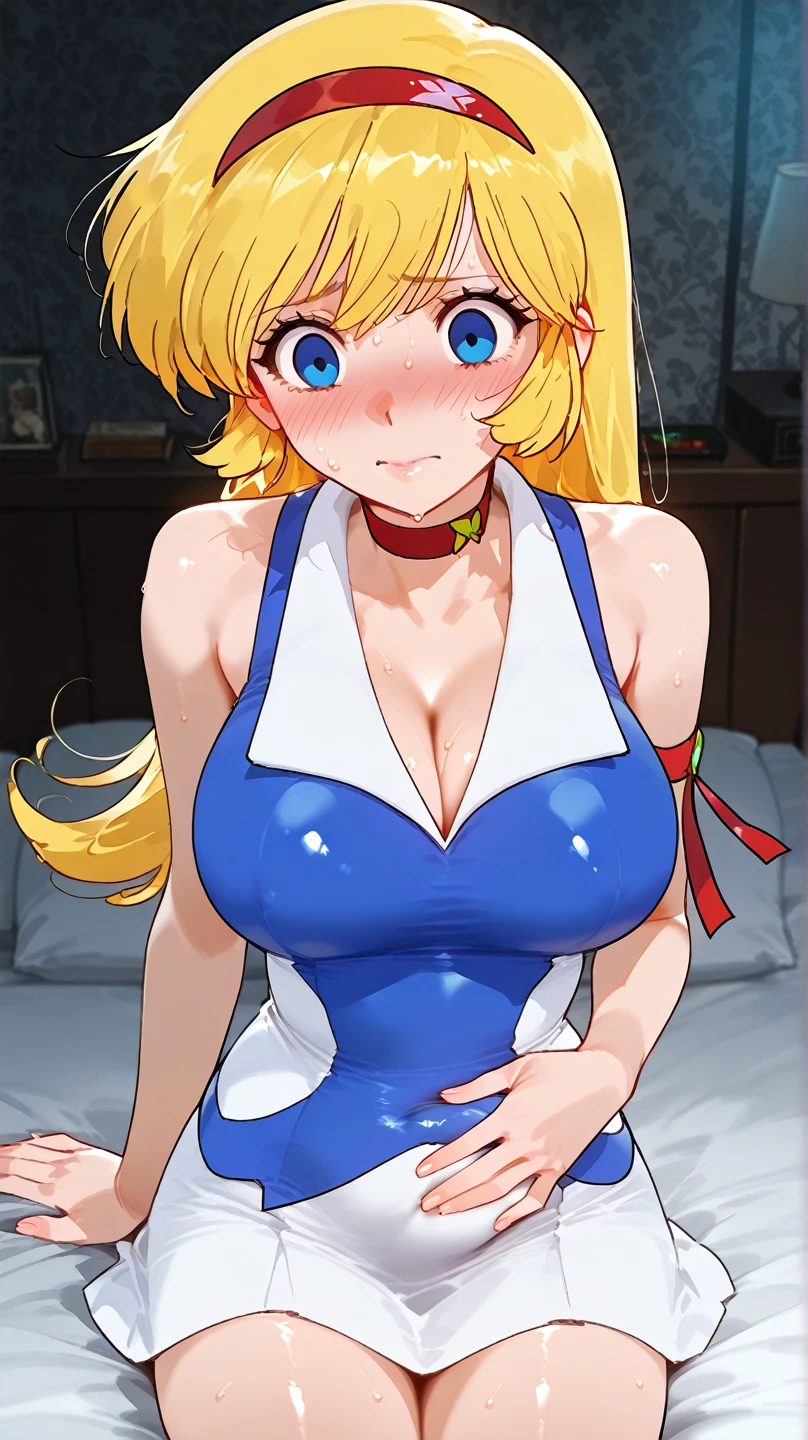 独奏, a 1girl, Piper, ssmile, (gigantic breasts), (hand on cheek:1.2), blonde woman, hair bun, blue dress, puffy short sleeves, partially fingerless gloves, kitchen, BREAK (Masterpiece:1.2), Best Quality, High Resolution, Unity 8k壁纸, (illustartion:0.8), (pretty eyes:1.6), extremely detailed face, perfect  lighting, extremely detailed CGI, (Perfect fingers, perfect anatomy)