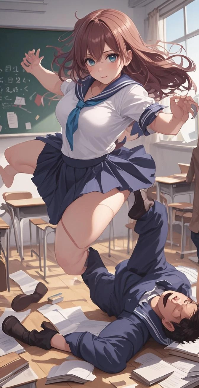 (Private 4K)、(High resolution:1.2)、(High freshness:1.2)、、(Whole Body Ezbian:1.2)、(Two Women:1.6)、((Woman with exaggerated big physique))、abnormally developed muscles,,Barefoot woman, , Big arms、(Huge muscles:1.4)、(Dynamic pose:1.2)、(Woman jumping with legs wide open:1.6)、(A woman in a tight school uniform:1.6)、(School:1.6)