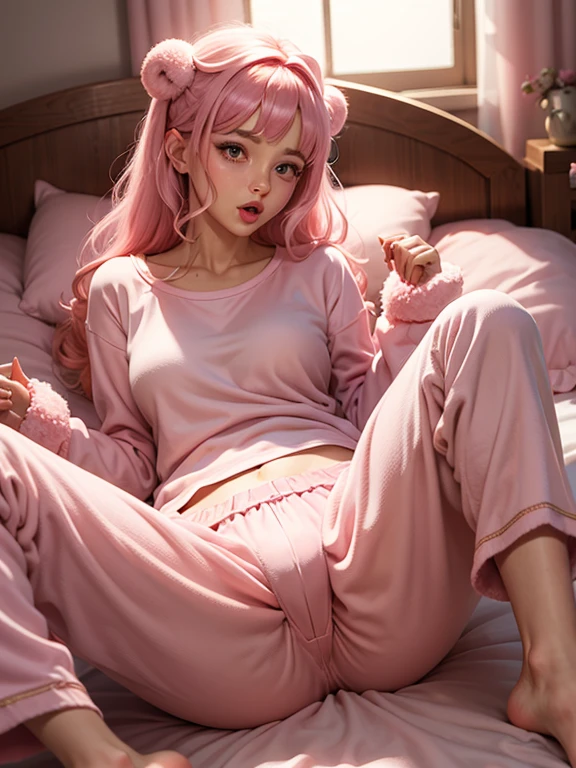 Sleeping girl, 22 years old, realistic, she is wearing long pants, she is wearing pink pajama, brown hair.